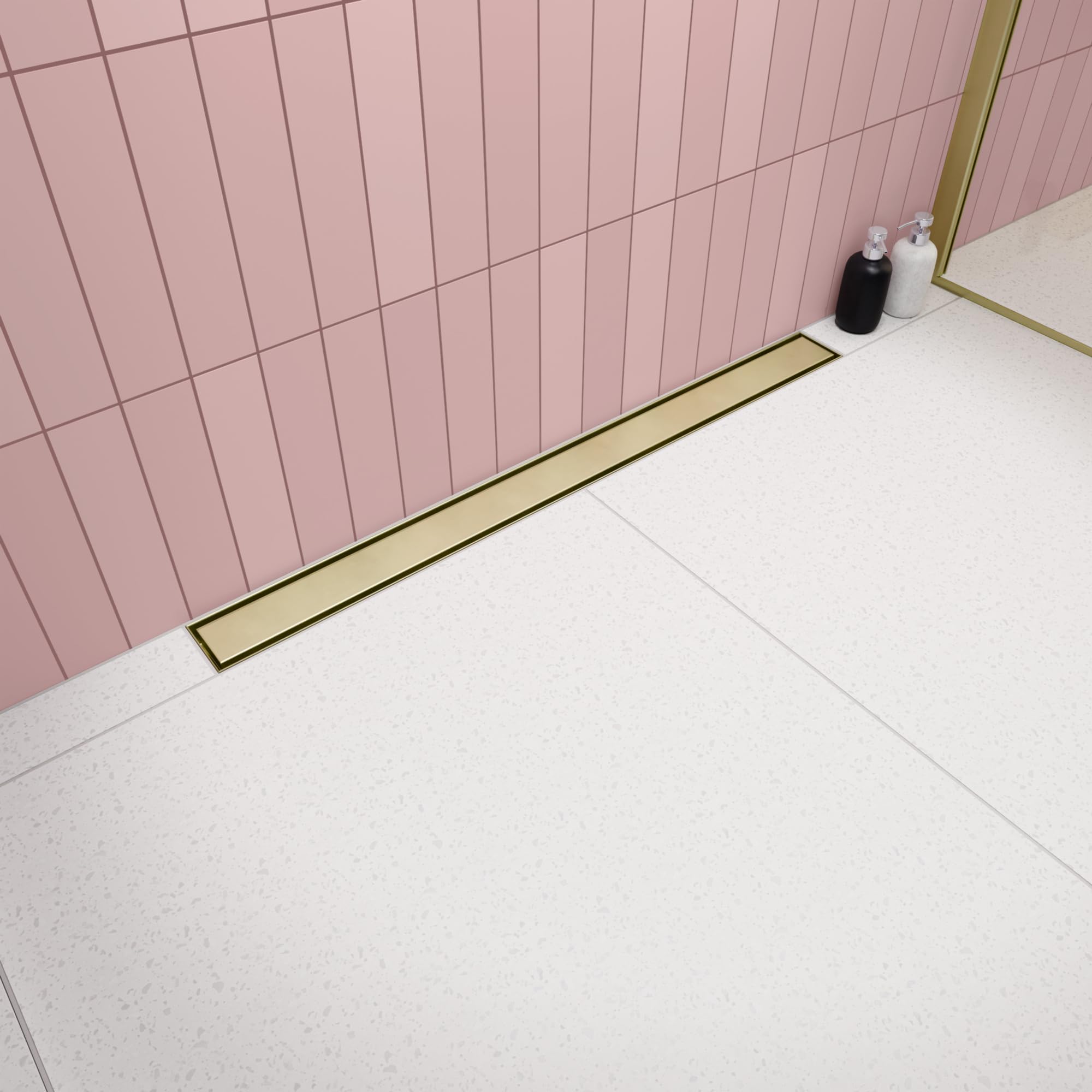 Wand-Duschrinne Premium SLX Gold PVD 90 cm, Duo-Rost – befliesbar oder mit Edelstahlabdeckung, Edelstahl AISI 304, Siphon Ø50, Haarsieb