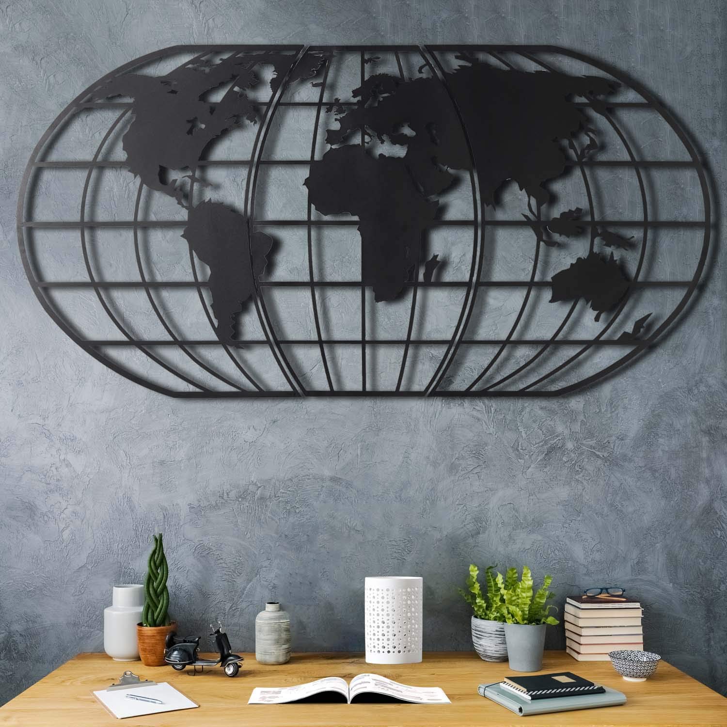 Tubibu Moderne Wandkunst, 100% Metall, metallische Weltkarten-Globe, Größe (60 x 120 cm) – Wandbehang für Wohnzimmer, Schlafzimmer, Wohnheim (Black)