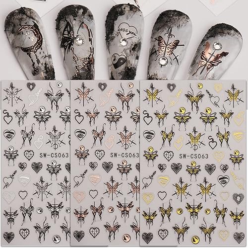 Miniatura 6 de 9 hojas de calcomanías de mariposa para arte de uñas, diseño de mariposas doradas, plateadas, champán, negras, calcomanías de transferencia de uñas,