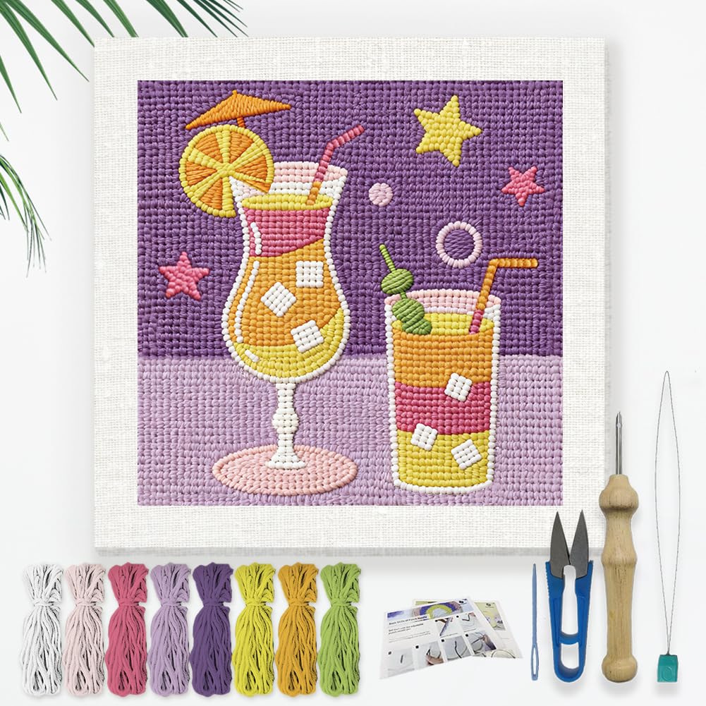 DOODLREAM Summer Drinks Punch Needle Kit for Beginner, 24x24cm Cocktail Punch Stitching Craft Set, DIY Embroidery Starter with Printed Frame, Instruction, Threader, Yarn, Pinch Needle