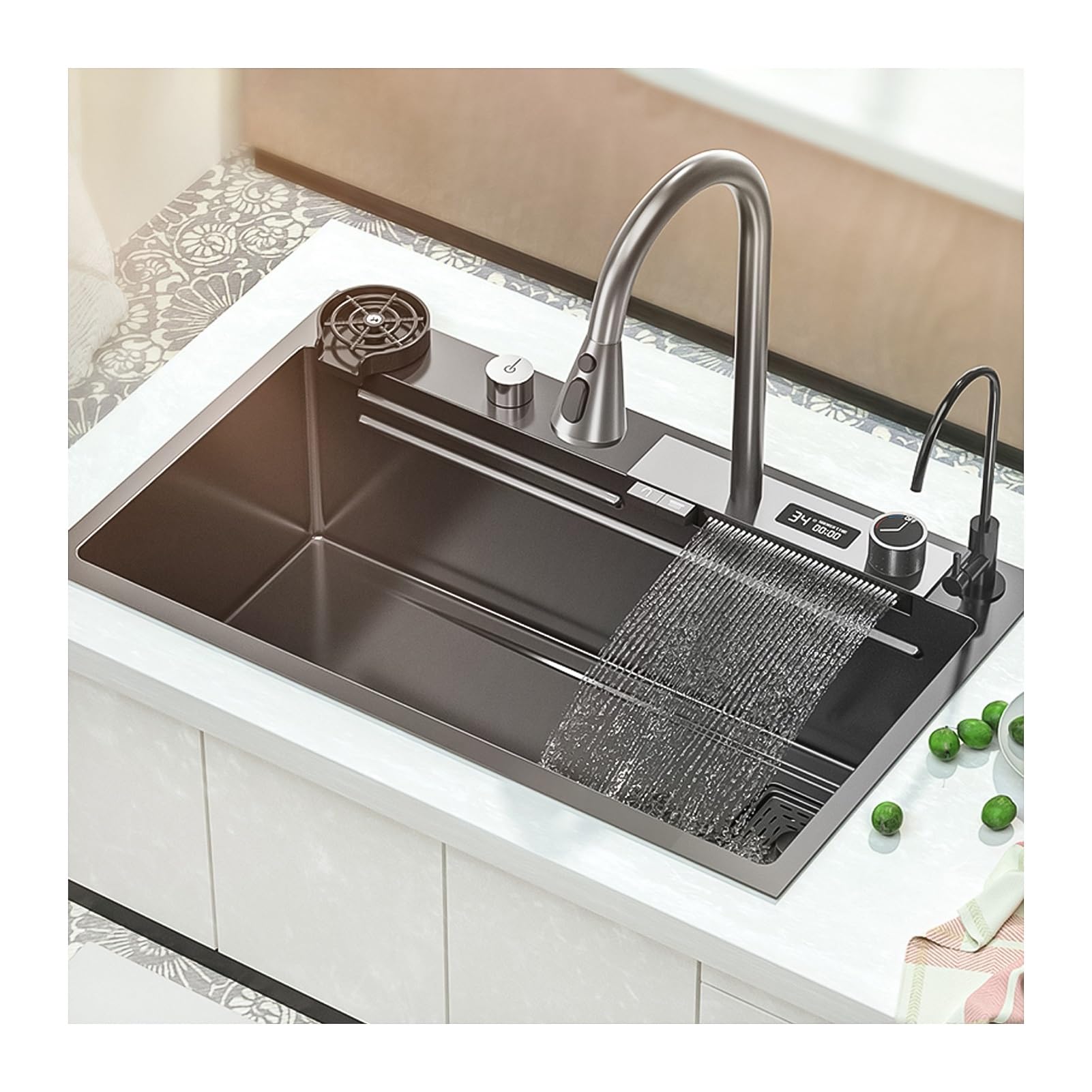 LMYSXAOZ Kitchen Sink, With Pull-Out Faucet Single Bowl Big Sinks, Stainless Steel Nano Waterfall Workplace Sink All Accessories (Color : Black-Grey, Size 68x46cm)