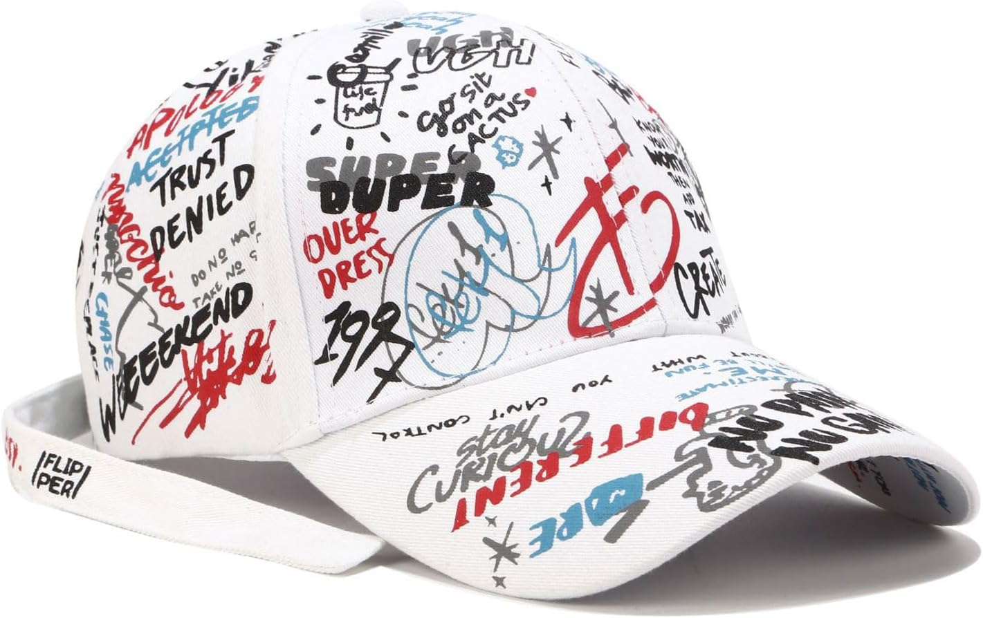 Korean Trendy Printed Adjustable Hip-Hop Cap, Street Graffiti Baseball Cap, Stylish Youth Designer Hat for Men & Women(White)