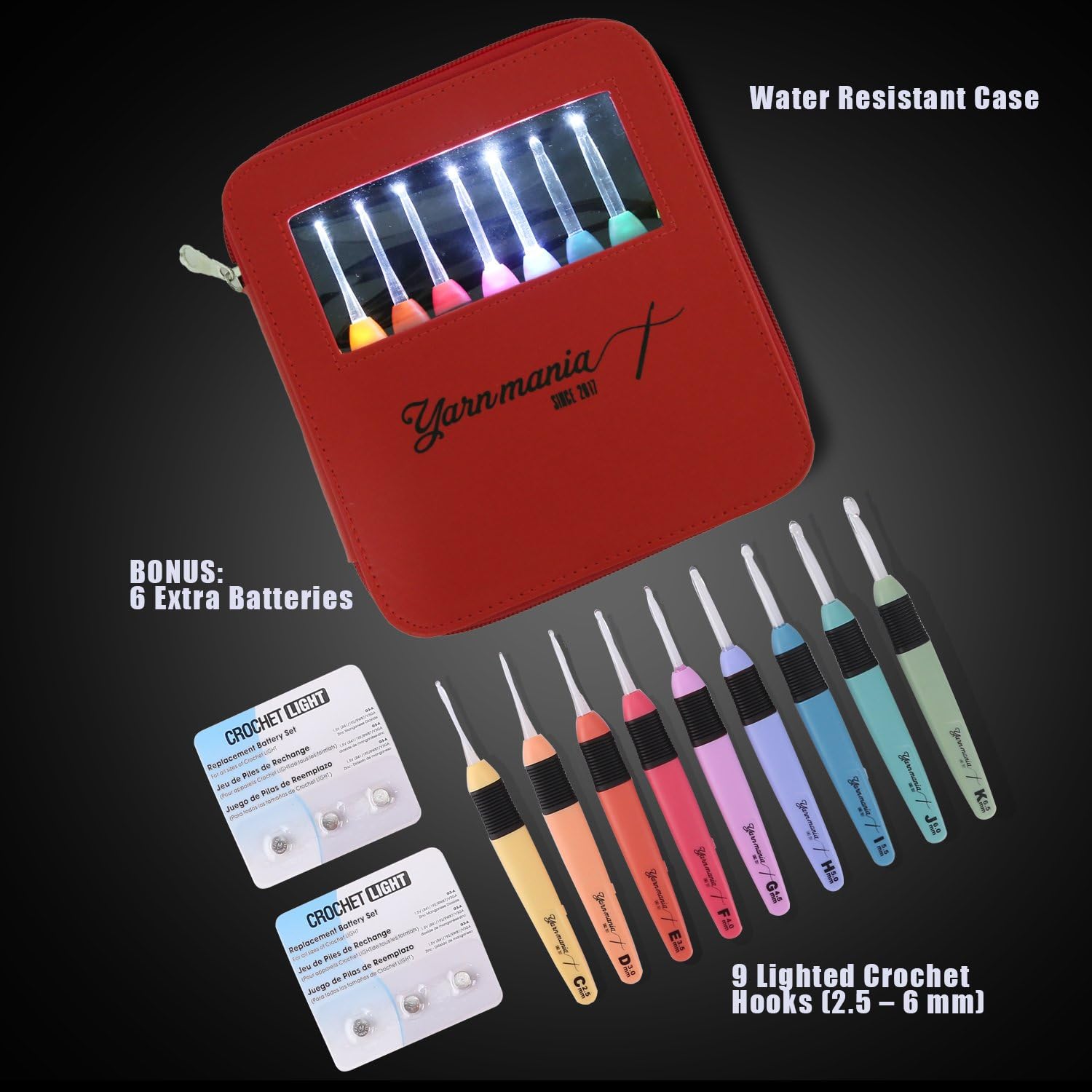 Yarn Mania Light Up Crochet Hooks | Lighted Crochet Hooks Set w/Crochet Case & 9 Ergonomic Crochet Hooks (Sizes 2.5mm-6.5mm) (Red)