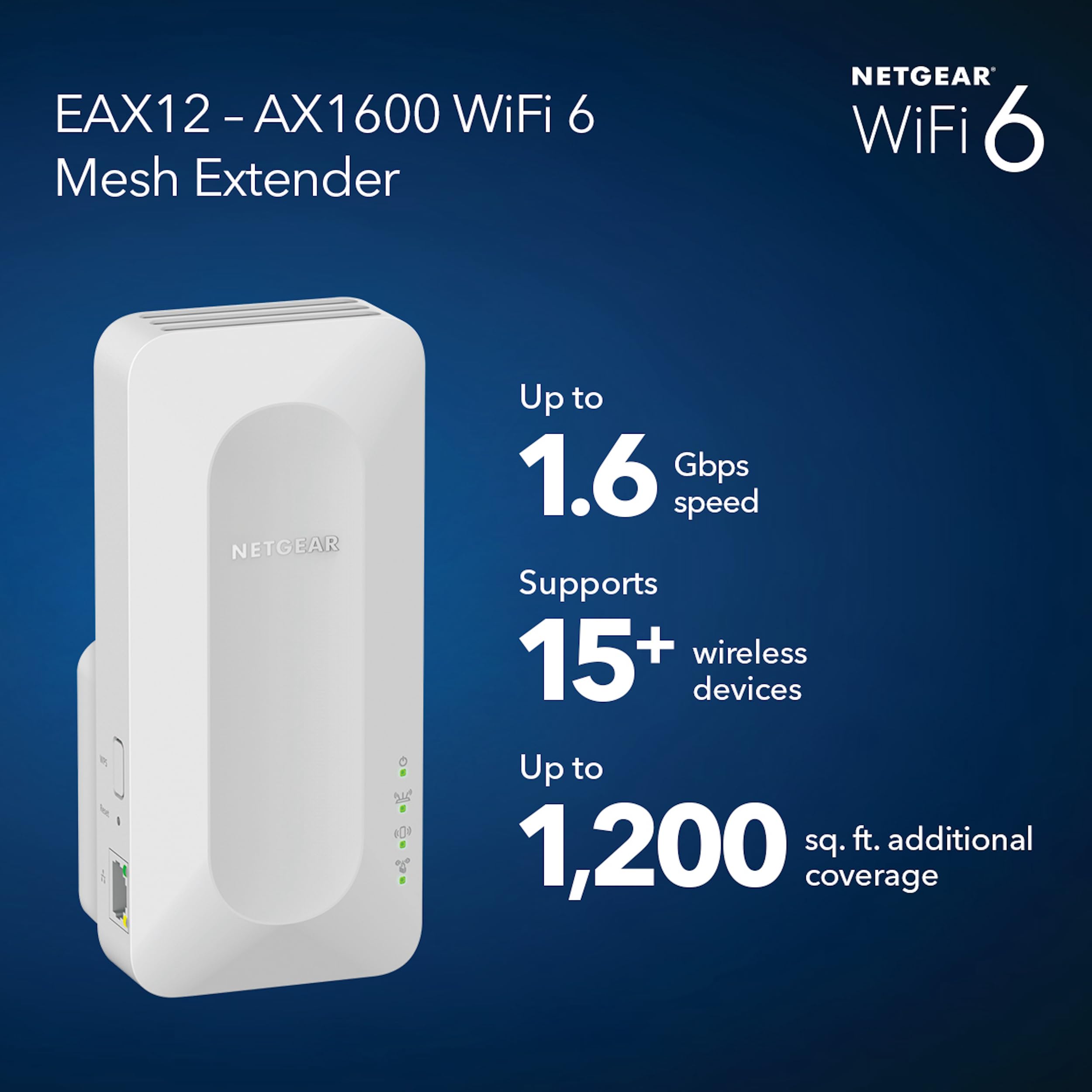 NETGEAR WiFi 6 Mesh Range Extender (EAX12) - Add up to 1,200 sq. ft. and 15+ Devices with AX1600 Dual-Band Wireless Signal Booster & Repeater (up to 1.6Gbps Speed), WPA3 Security, Smart Roaming