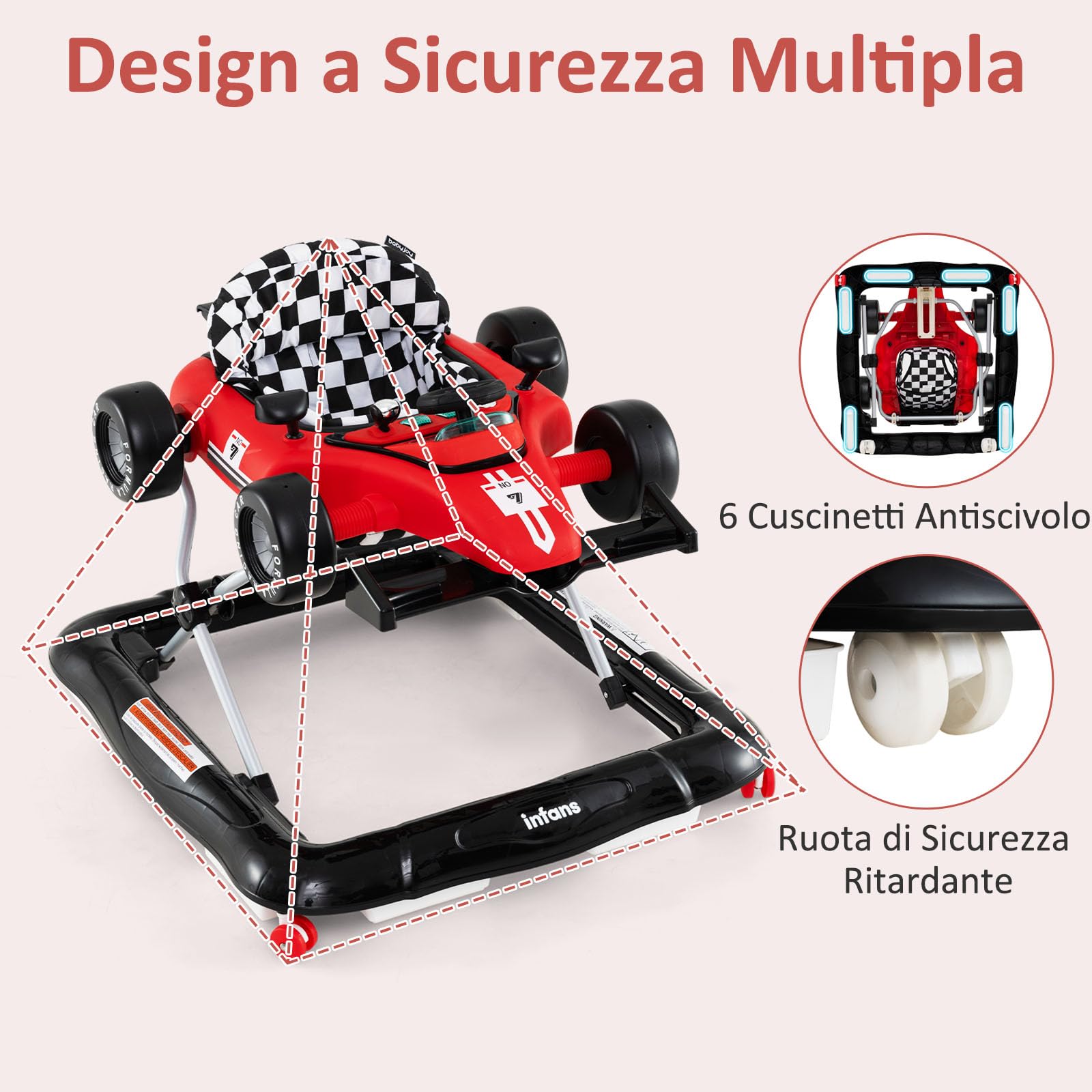 RELAX4LIFE 4 in 1 Girello a Spinta Primo Passo per Bambini da 6 a 18 Mesi con Luci e Suoni, Velocità e Altezza Regolabili, Portata 12 kg, 64x73x50,5/55,5 cm (Modello 2-Rosso) (ROSSO)