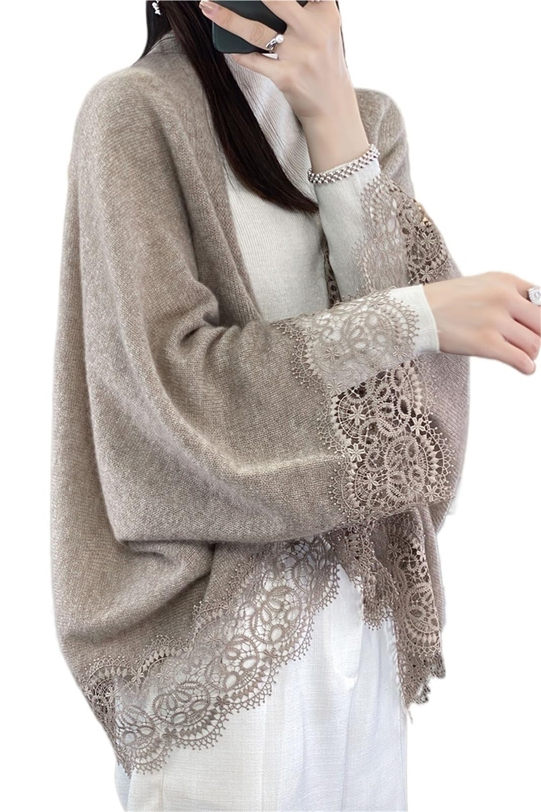 Scialle Donna Scialle Lavorato a Maglia in Lana con Bordo in Pizzo Primavera Autunno Cardigan Sottile da Donna Morbido, Delicato sulla Pelle, Traspirante e alla Moda(Brown)