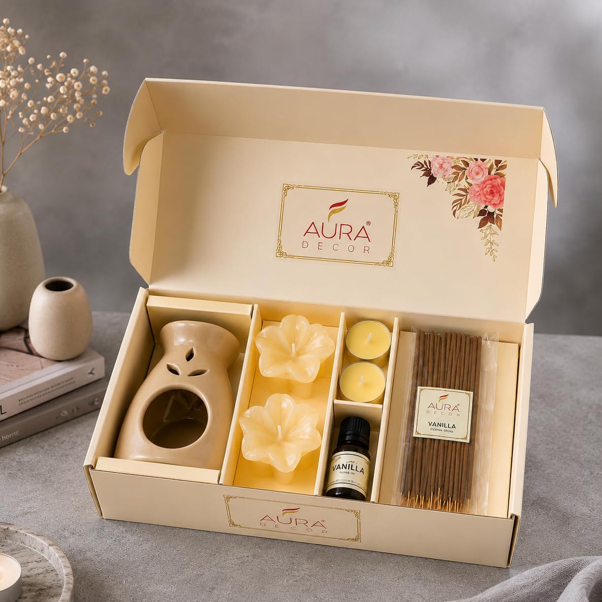 AuraDecor Premium Aroma Gift Set with Ceramic Diffuser Burner, Vanilla Aroma Oil, Tealight Candles, Floating Candles, Incense Sticks, Home Fragrance Gift for Diwali, Home Decor & Relaxation (Vanilla)-image-2