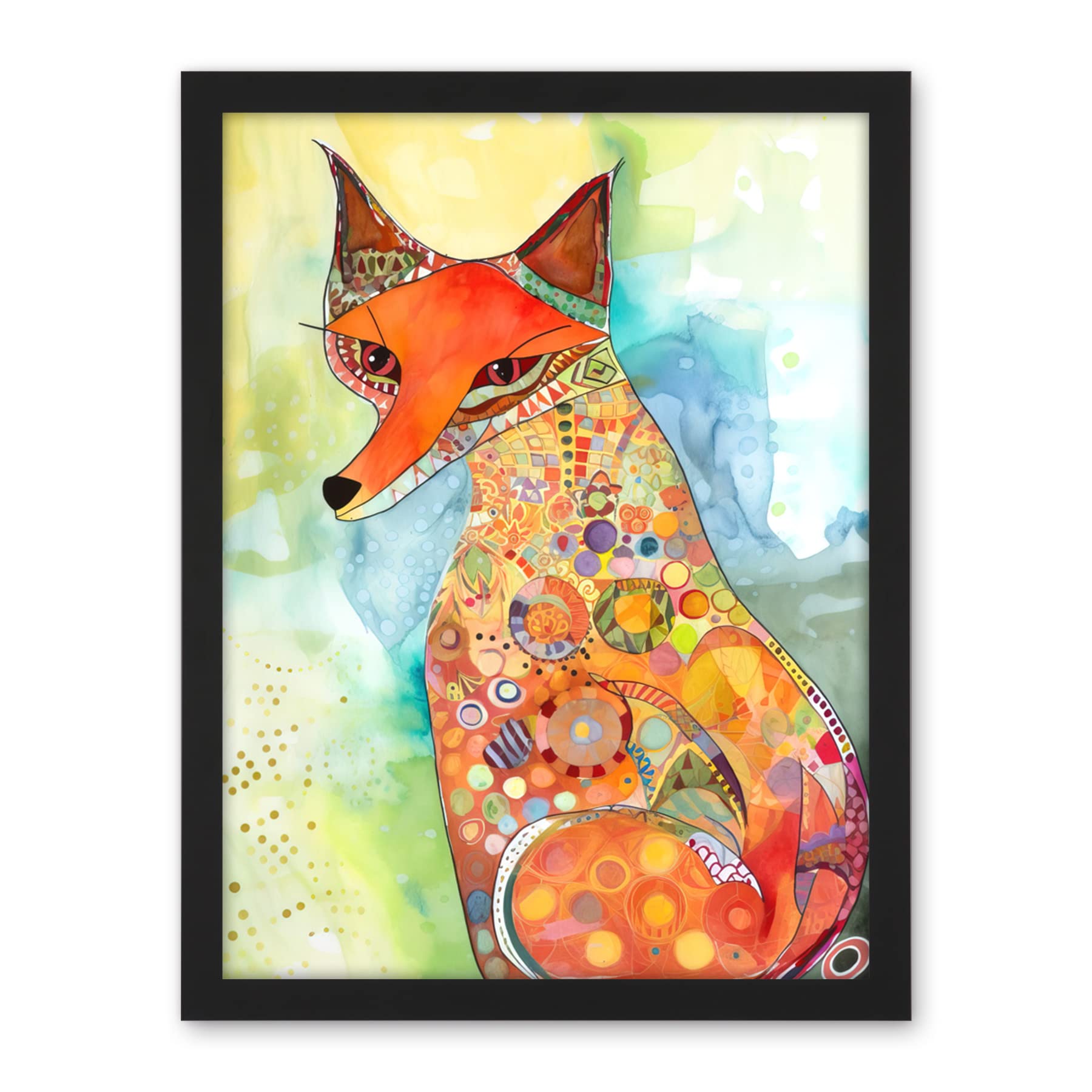 Artery8 Sitting Fox Folk Art Watercolour Painting Artwork Framed Wall Art Print 18X24 Inch