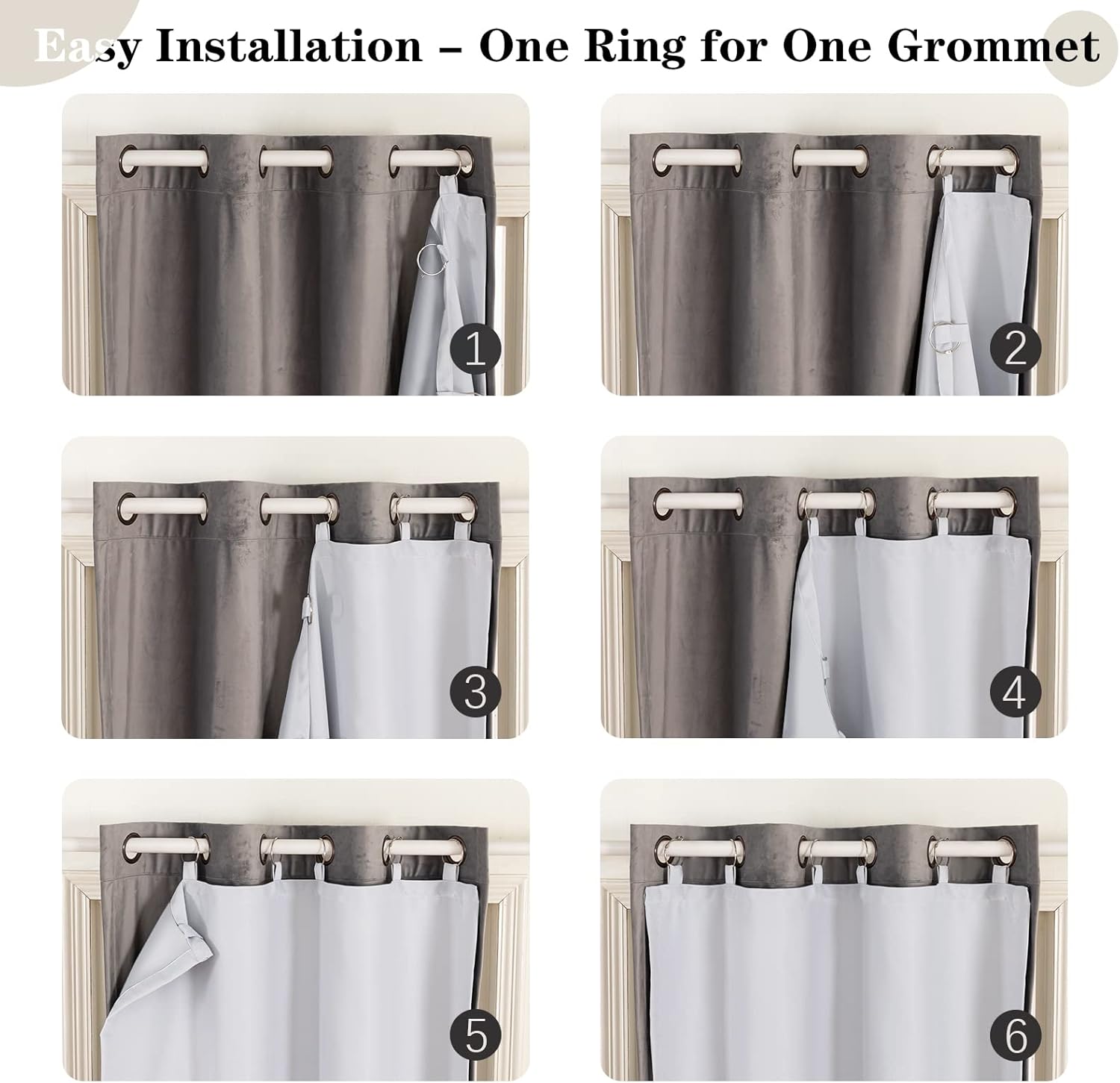 Melodieux Grayish White Room Darkening Curtain Liners for 63 Inch Length Curtains, 80% Light Blocking Thermal Insulated Liners, Tab Top with Rings, 40" W x 58" L, 2 Panels