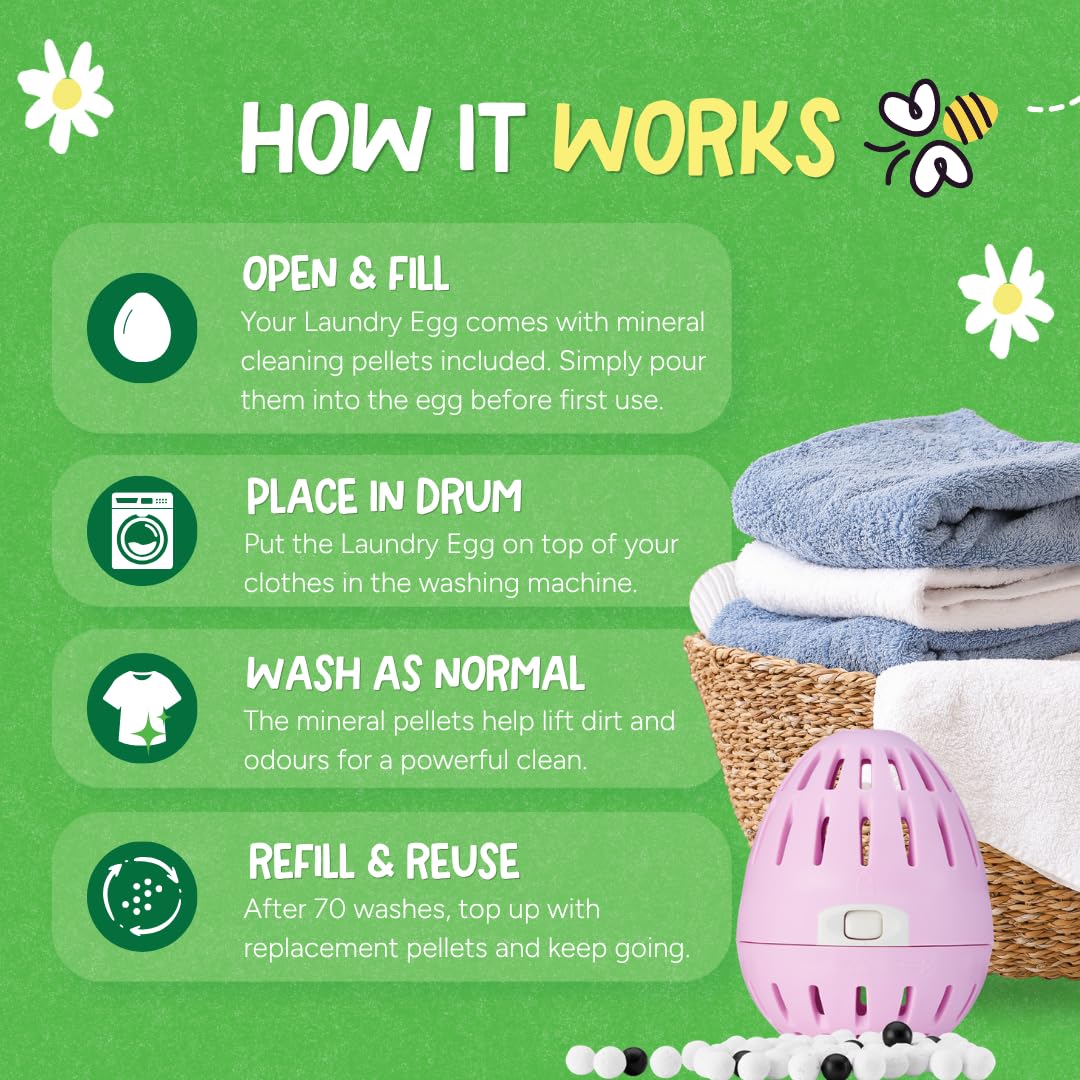 Ecoegg Jajko do prania z 70 myciami w zestawie | Zamiennik detergentu | Bez bio i bez enzymów, fosforanów, oleju palmowego, wybielacza chlorowego | Skóra wrażliwa | Kwiat wiosenny