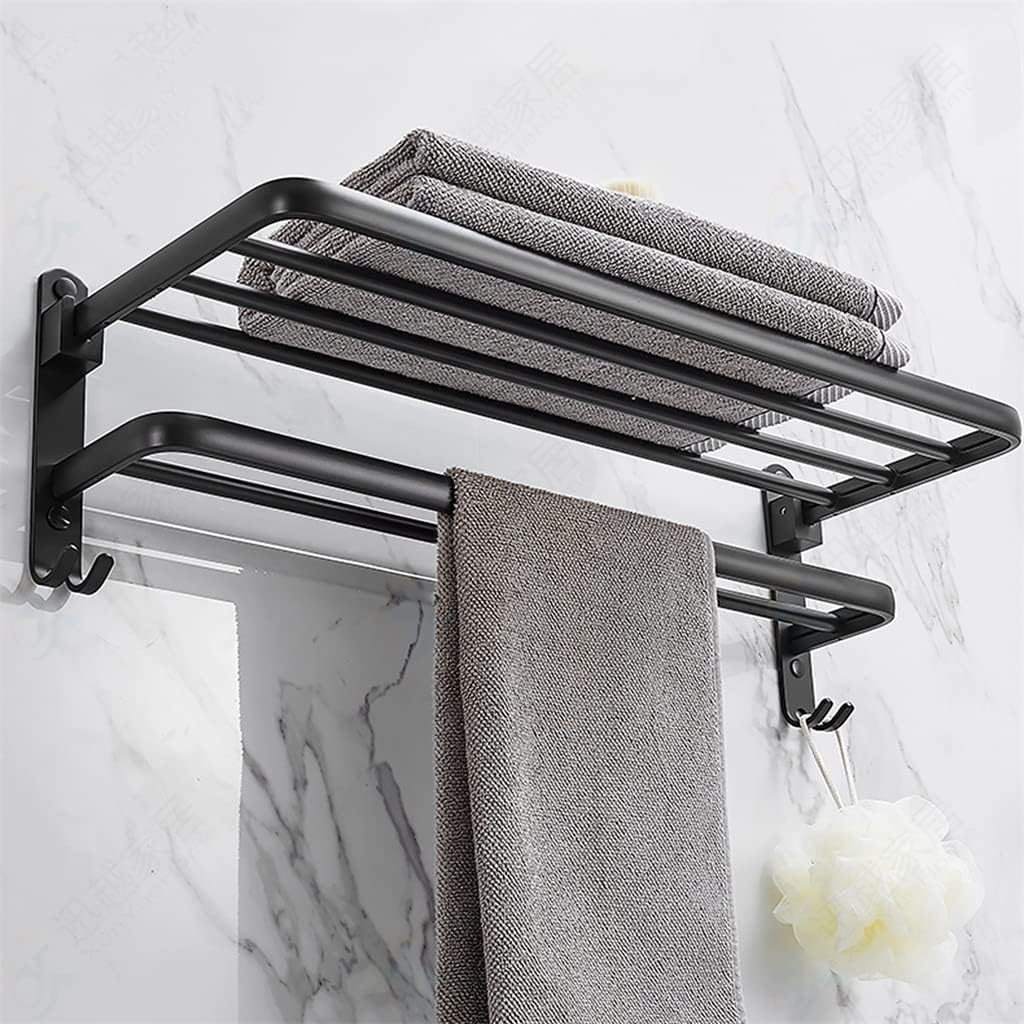 Towel Rack Folding Holder with Hook Bathroom Accessories Wall Mount Rail Shower Hanger Aluminum Bar Matte Black Shelf