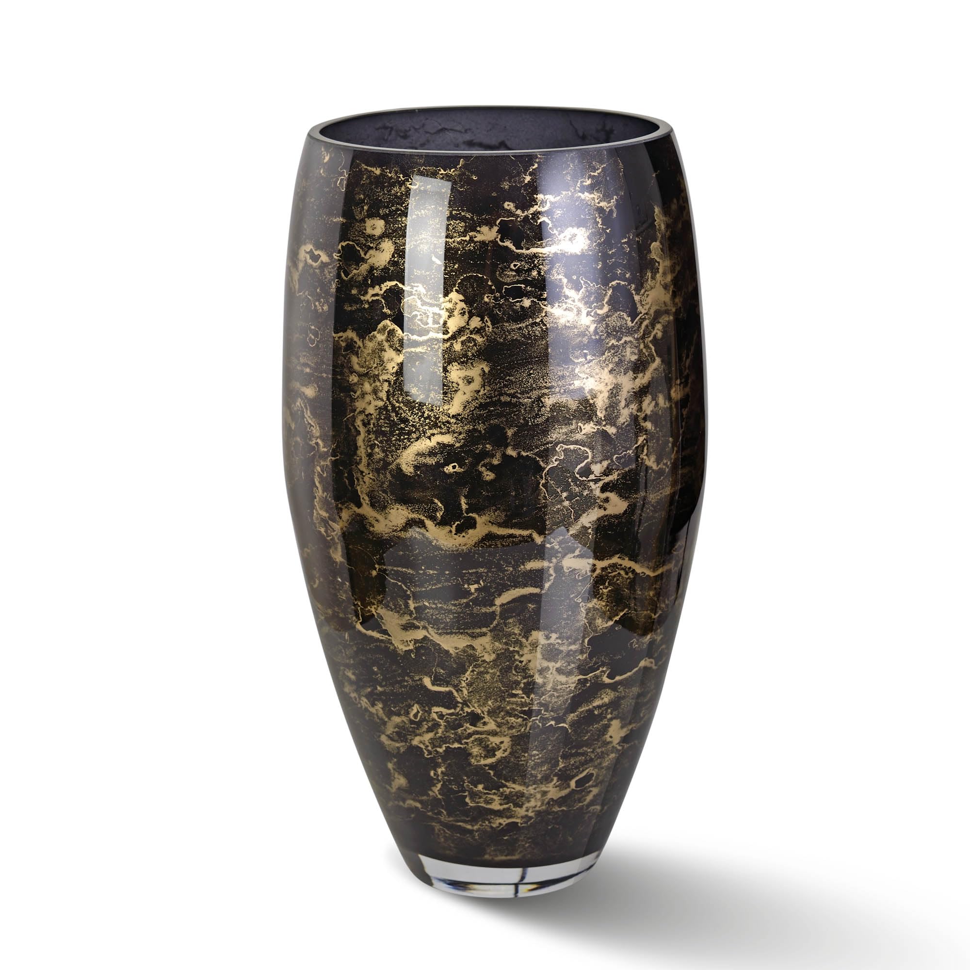Terroso Jarrón – Cristal Negro Soplado – Aspecto Lujoso, Elegante – 38 cm de Alto – Efecto Mármol – Florero