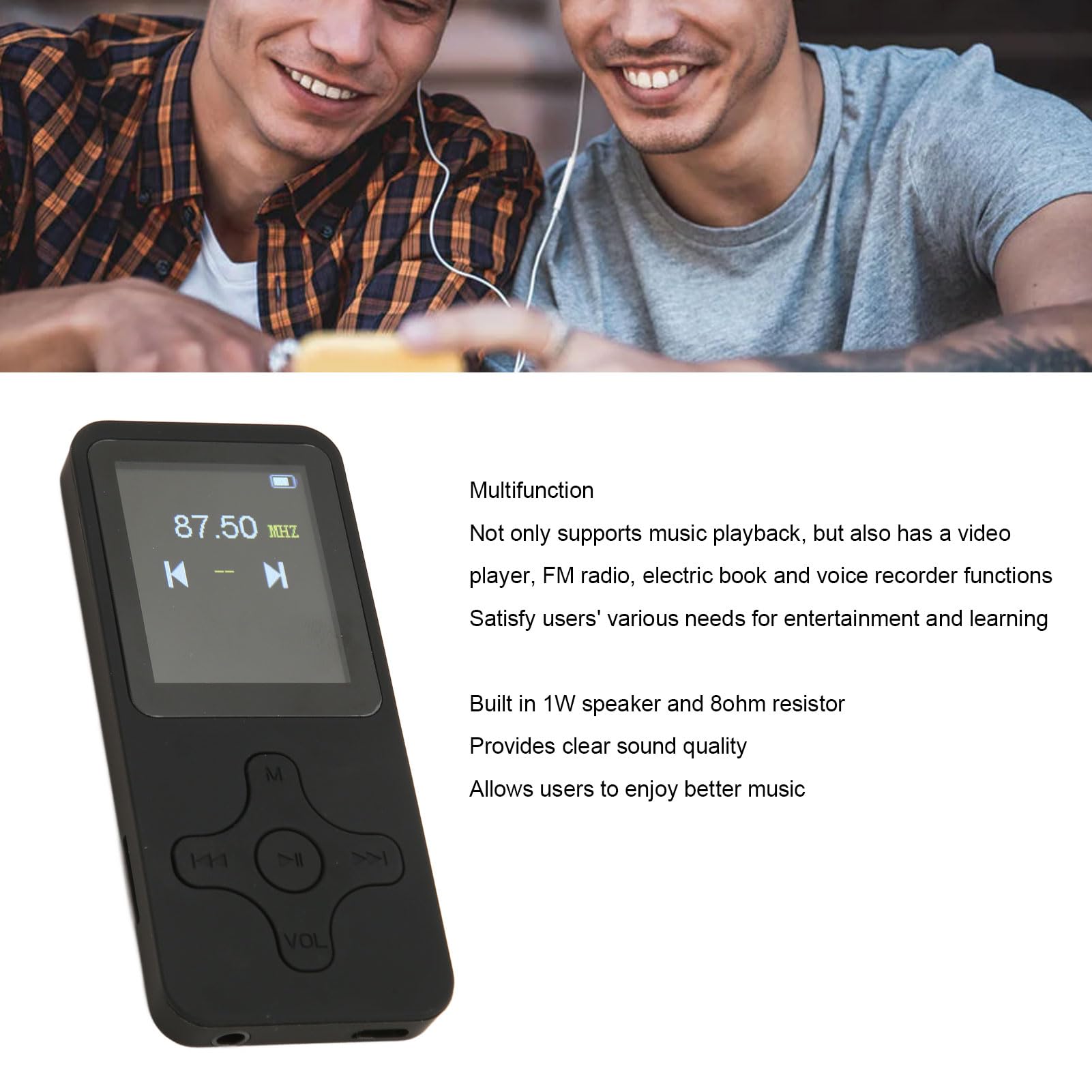 MP3-speler met Bluetooth 5.0, HiFi Stereo MP3-muziekspeler met Luidsprekerondersteuning Videoweergave, met FM-radio, Elektrisch Boek, Spraakrecorder, Wekker