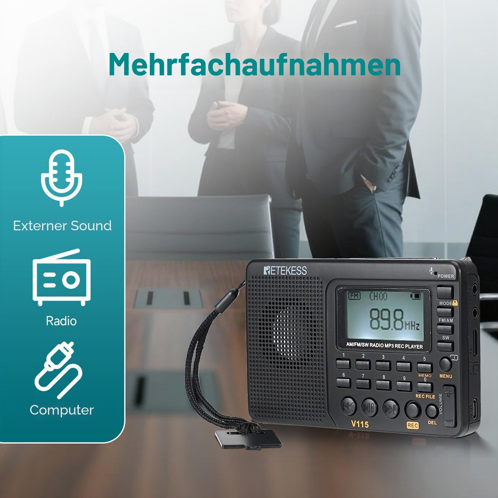 Retekess V115 Tragbares Digitales Radio,Petite Radio Rechargeable,Radio AM FM SW,1000mAh Wiederaufladbare,100 Stationsspeicher,3 Aufzeichnungsmodus,für Familie,Outdoor,Garten(Noir)