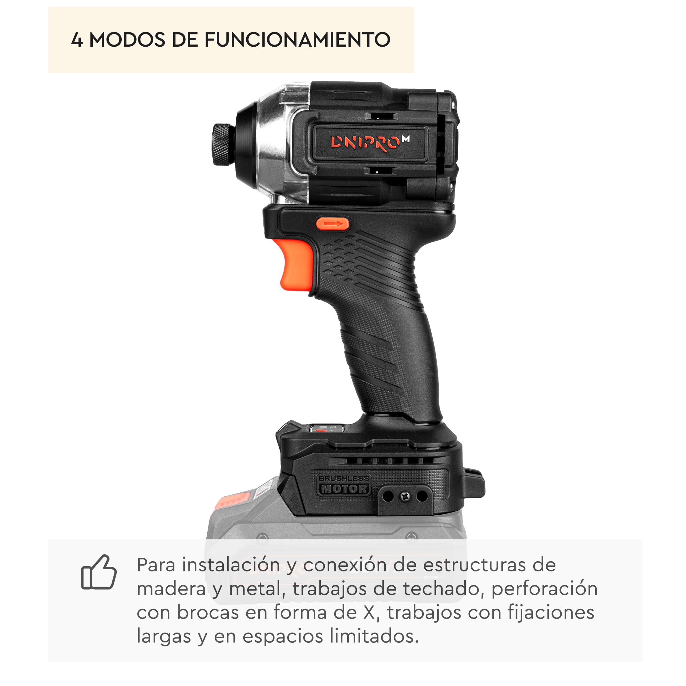 Atornillador de Impacto Inalámbrico 20 V DTD-201BC - Motor Brushless 200 Nm, 4 Velocidades 0-3600 rpm, 4200 Ipm, Portabrocas 1/4" HEX, Led, Portatil, Solo 1 kg - Bateria 2Ah y Cargador - Por Dnipro-M
