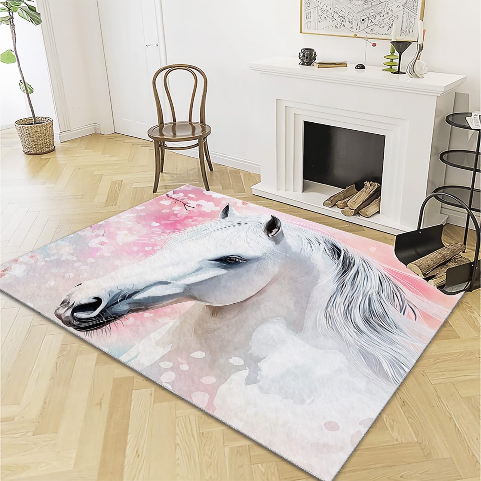Kurzflor Rechteck Teppich Wohnzimmer 120x180cm Tiere Weißes Pferd Kirschblüten Waschbarer Teppich für Mädchen Junge Schlafzimmer Hellrosa Kinderzimmer Flauschig rutschfest