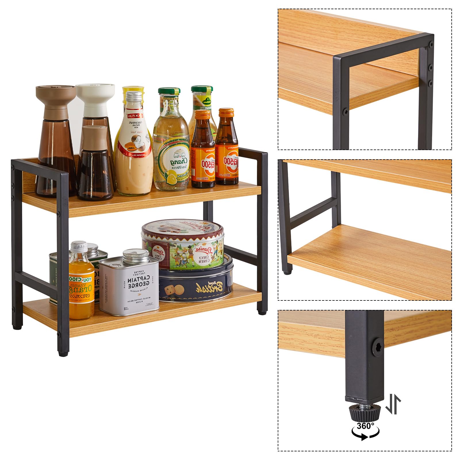 IBUYKE Étagère à épices,Rangement Cuisine à 2 niveaux,Natürlich TLJ002N | Rangement Epices cuisine Organisateur de bureau Pieds Réglables pour Salle à manger Bureau