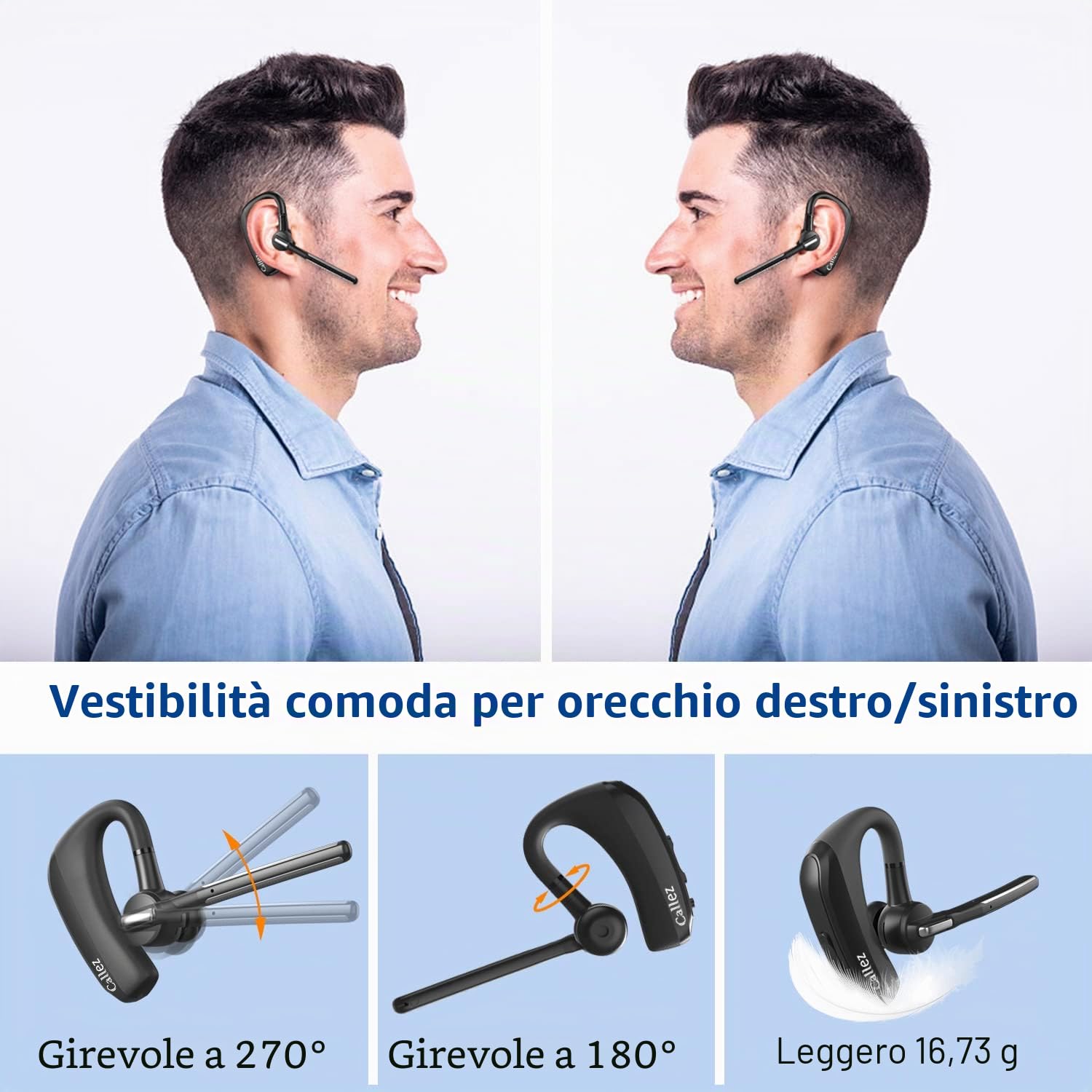 Auricolare Bluetooth con Doppio Microfono CVC8.0 Cancellazione del Rumore, Auricolari Bluetooth Singolo V5.0 Cuffie Wireless Compatibile con iPhone Samsung Cellulare Guida Lavoro Ufficio Super Leggero