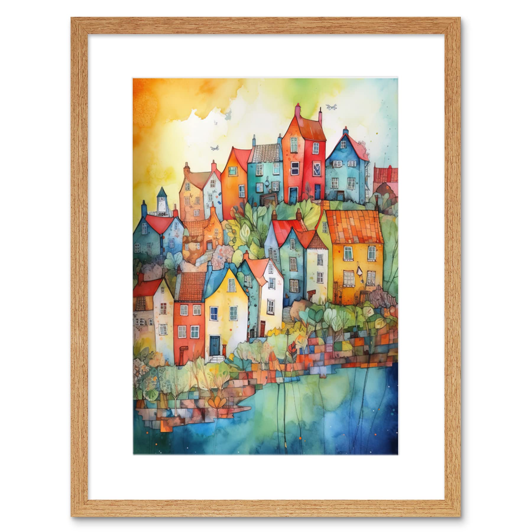 Artery8 Framed Print - Village of Manarola, Italy - Folk Artwork - Beige - 7x9 Inch