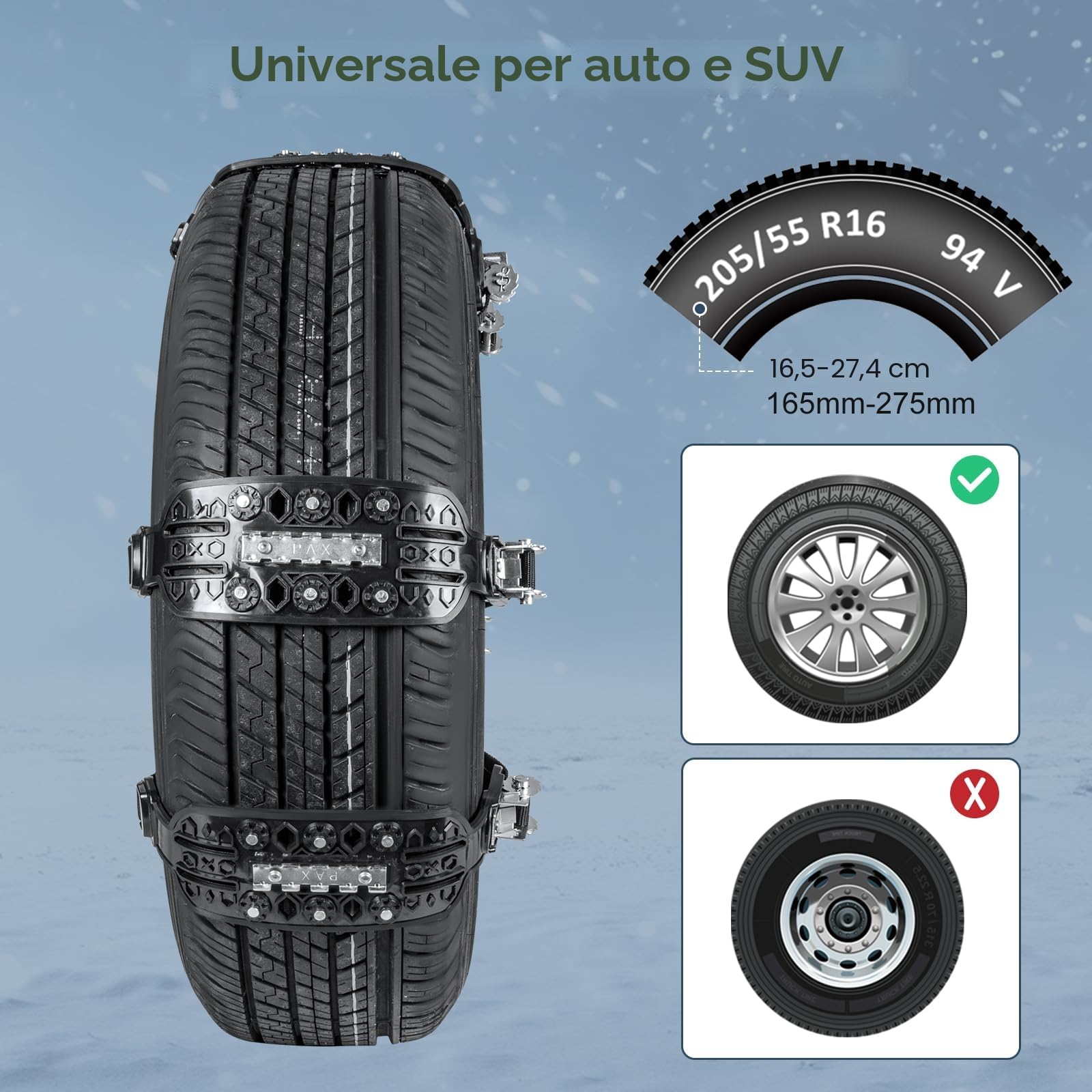 Catene da Neve Antiscivolo 6 PCS con Un Raschietto per Ghiaccio per Tutti i Veicoli Materiale ad Alta Prestazione Inserti Metallici Installazione Facile e Veloce 165mm-275mm