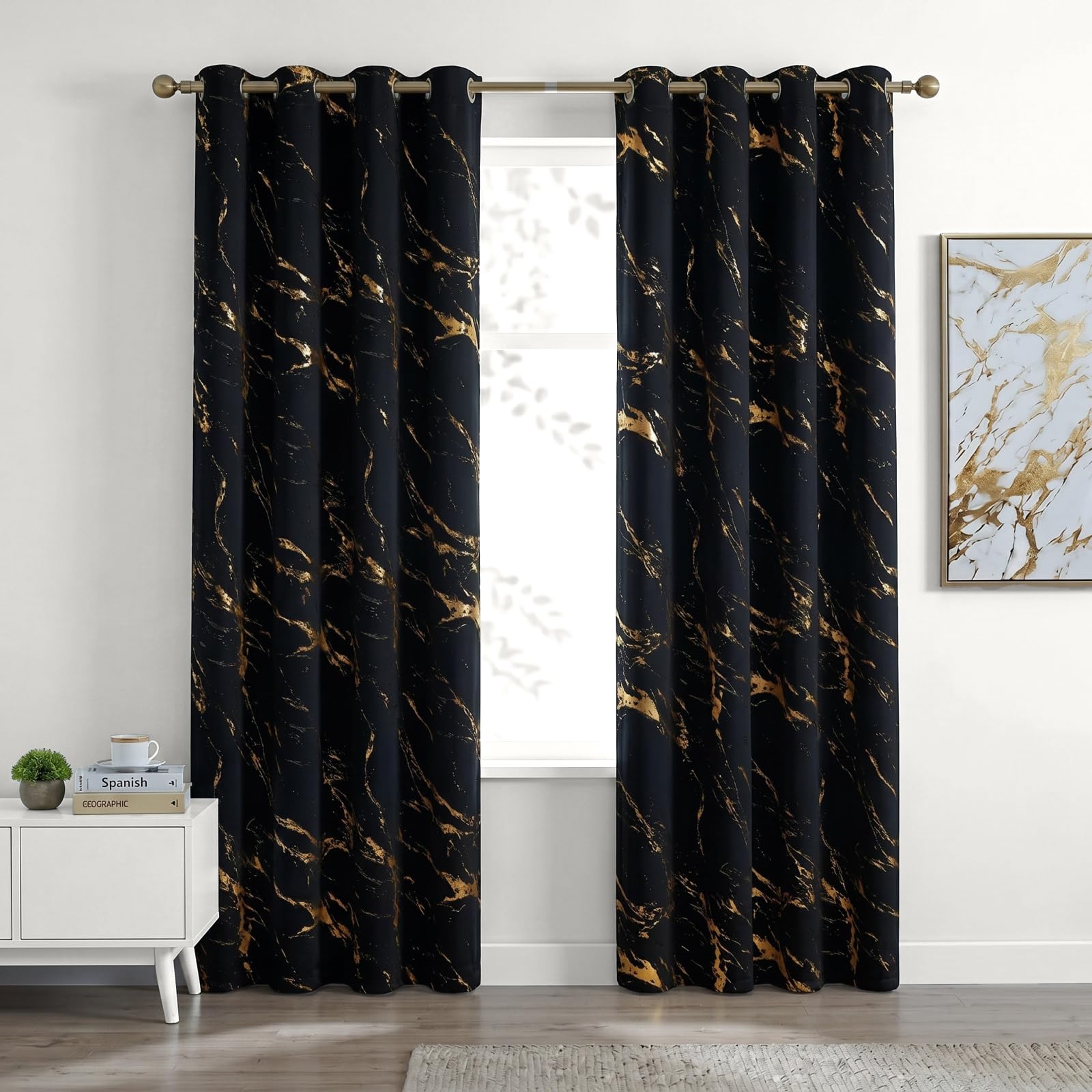 Gazal Vole Black and Gold Curtains with Marble Print, 85-95% Room Darkening Eyelet Curtains, 63 inch Drop, Modern Thermal Insulated Drapes for Living Room Bedroom Office, 2 Panels