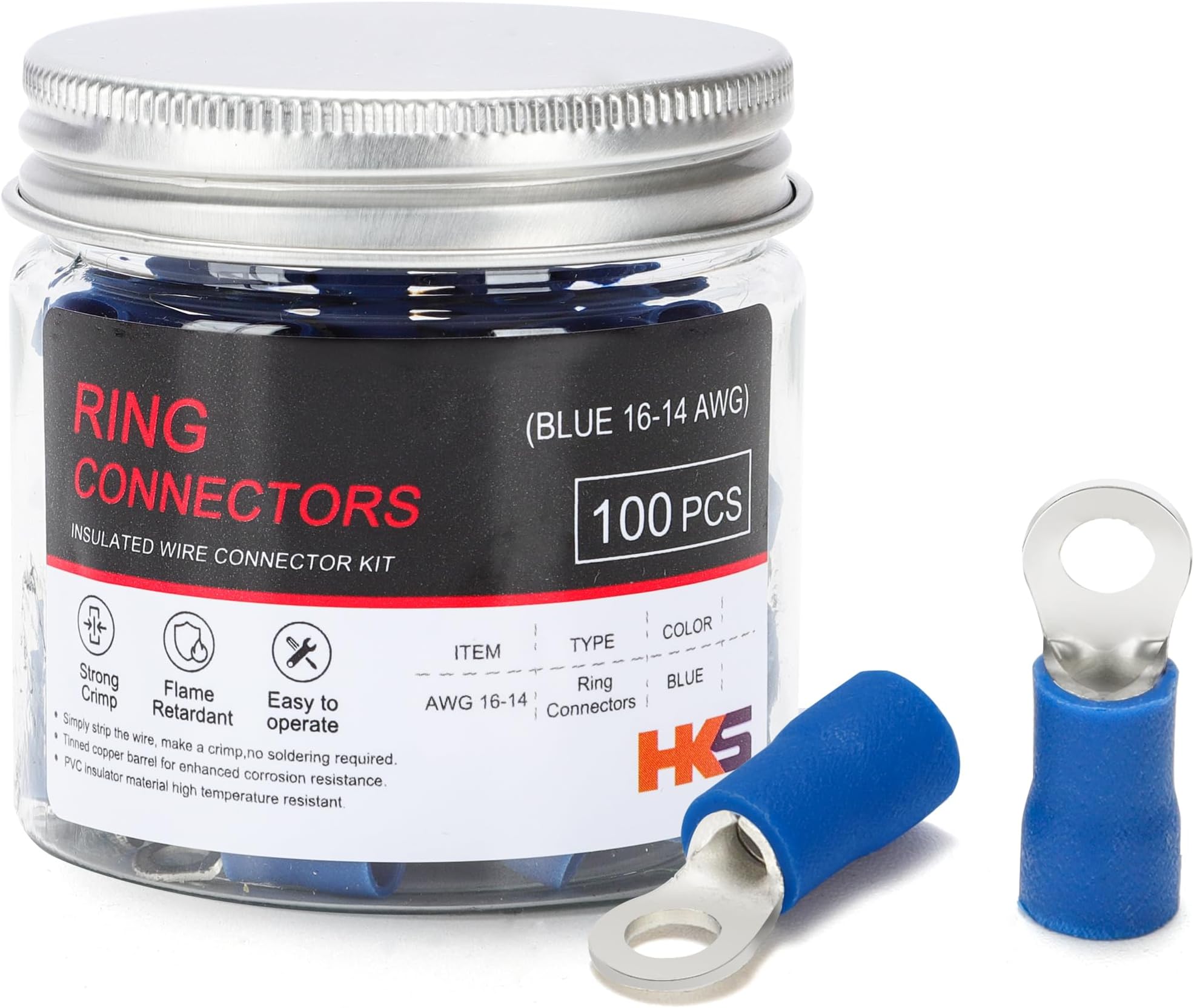 HKS 100PCS Insulated Ring Terminal #6 Blue 16-14 AWG - M3.5 - Tinned Red Copper - Electrical Wire Connector Kit Crimp PVC