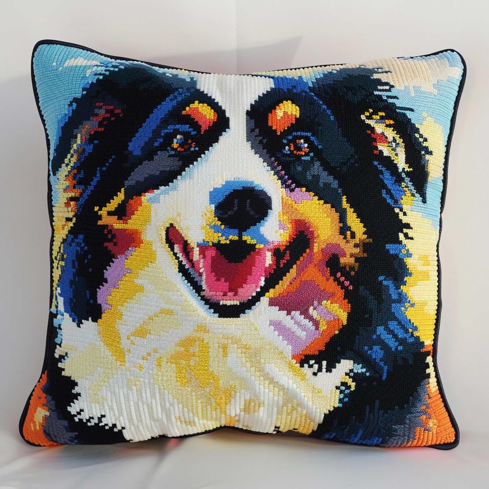 RKFLGEW Latch Hook Kits for Adults Border Collie Animal DIY Latch Hook Cushion Kit Beginners Adults Teenager Gift Embroidery Home Decoration Latch Hook Kit 43x43cm