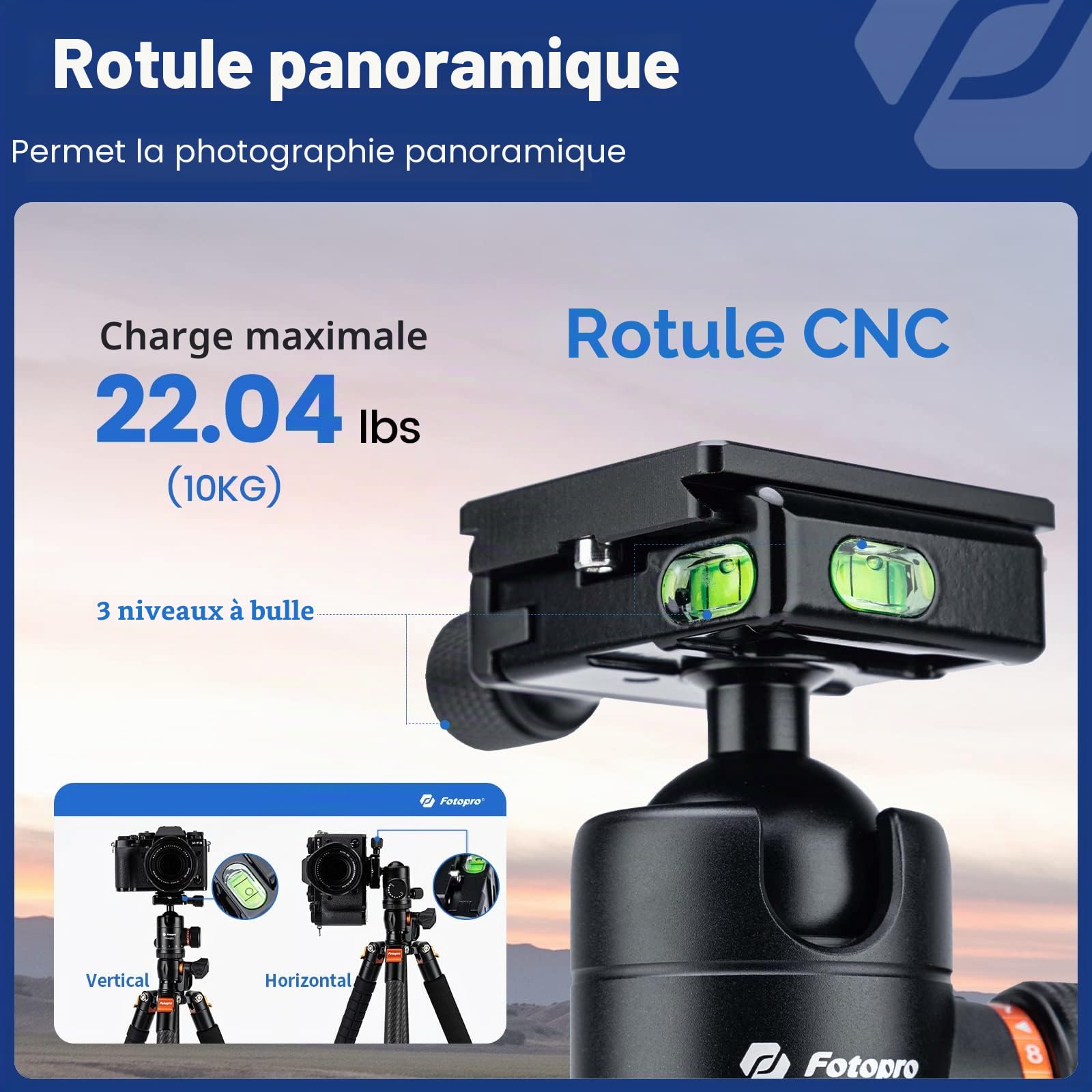 Fotopro Trépied Horizontal en Fibre de Carbone de 184 cm avec tête sphérique à 360 degrés, Plaque de dégagement Rapide pour Appareil Photo Reflex numérique de Voyage, caméscope, caméscope
