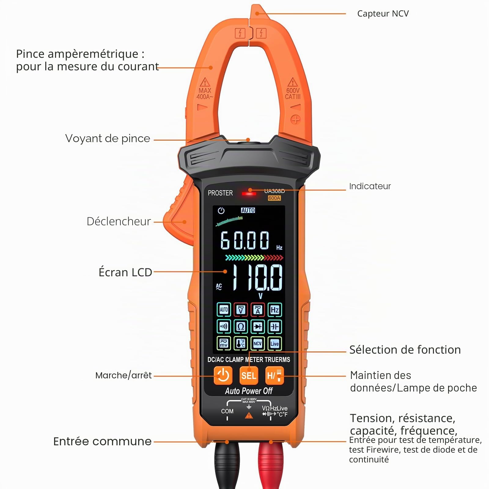 Proster 600A Pince Ampèremétrique NCV Numérique Intelligente, 6000count Multimetre Professionnel TRMS Écran Couleur Pince Multimètre Courant Tension AC/DC Continuité Résistance Fréquence Température | TRMS 6000 Comptes, Mesure de Courant Tension AC/DC Con