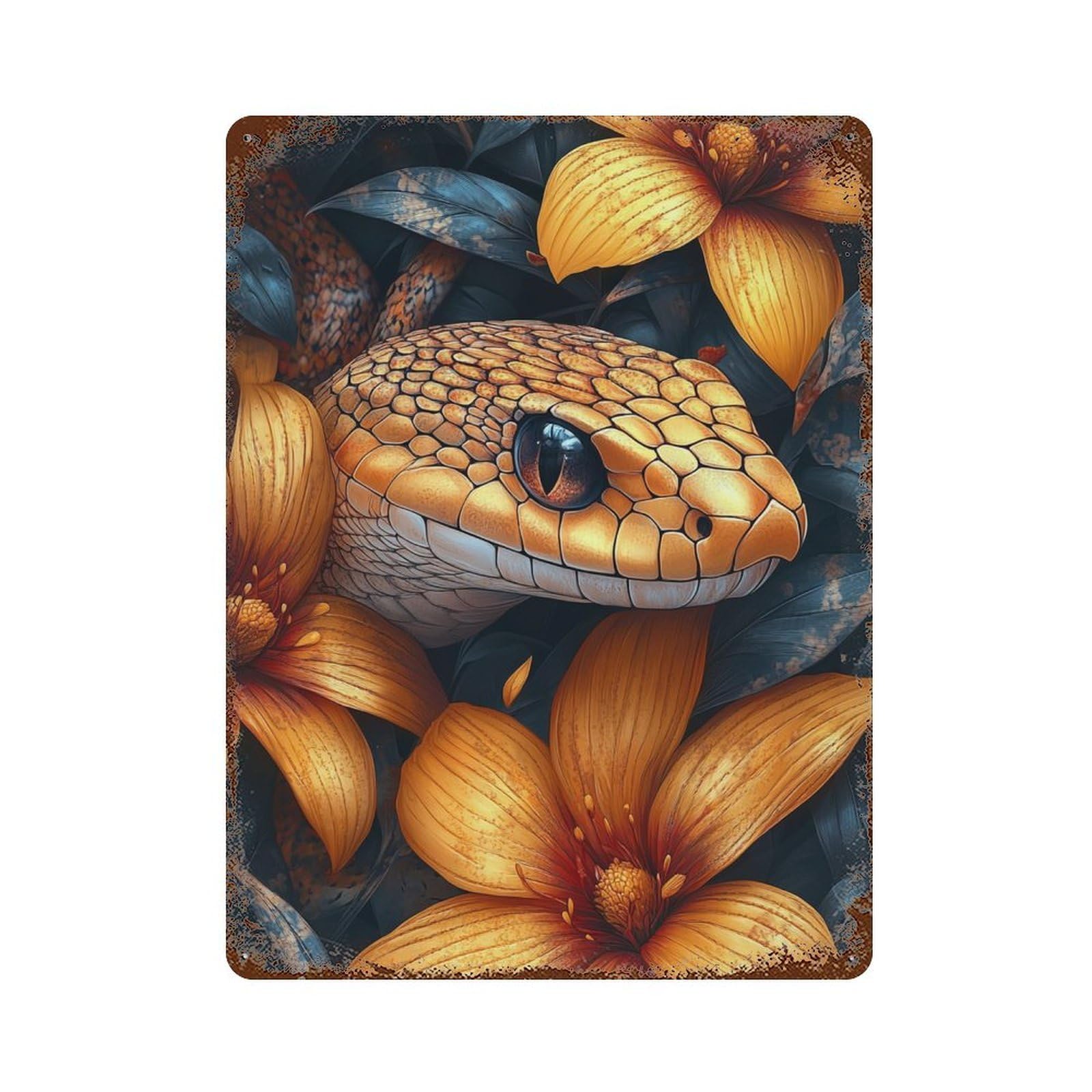 Rust Effect Snake in Flowers Rusty Metal Tin Sign 15.7"x11.8", Shabby Chic Decor for Garage, Bar And Workshop Decor