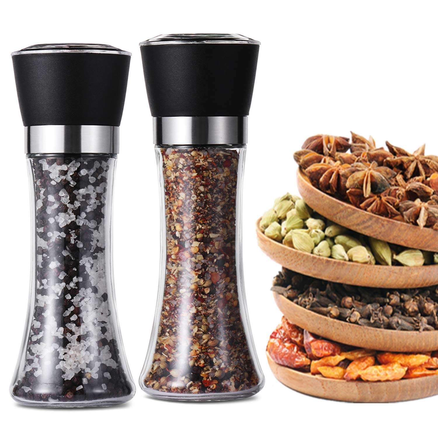 Set Macina Sale E Pepe In Acciaio Nero - Macinini Ceramica Regolabili, Con Vassoio In Bambù - Foto 6