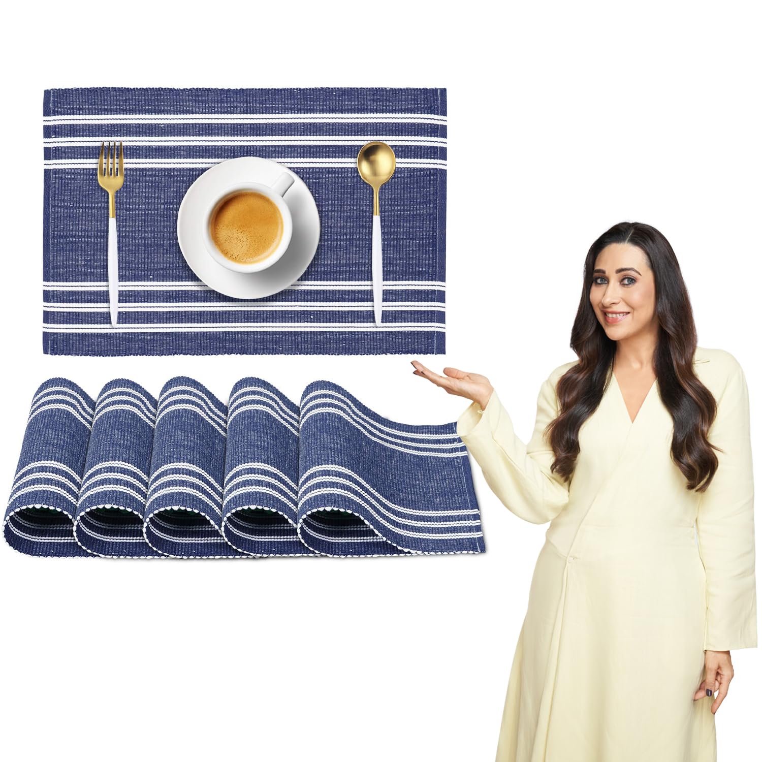 HOKIPO ® Ribbed Cotton Washable Dining Table Mats (Blue) 6 Pieces-image-11