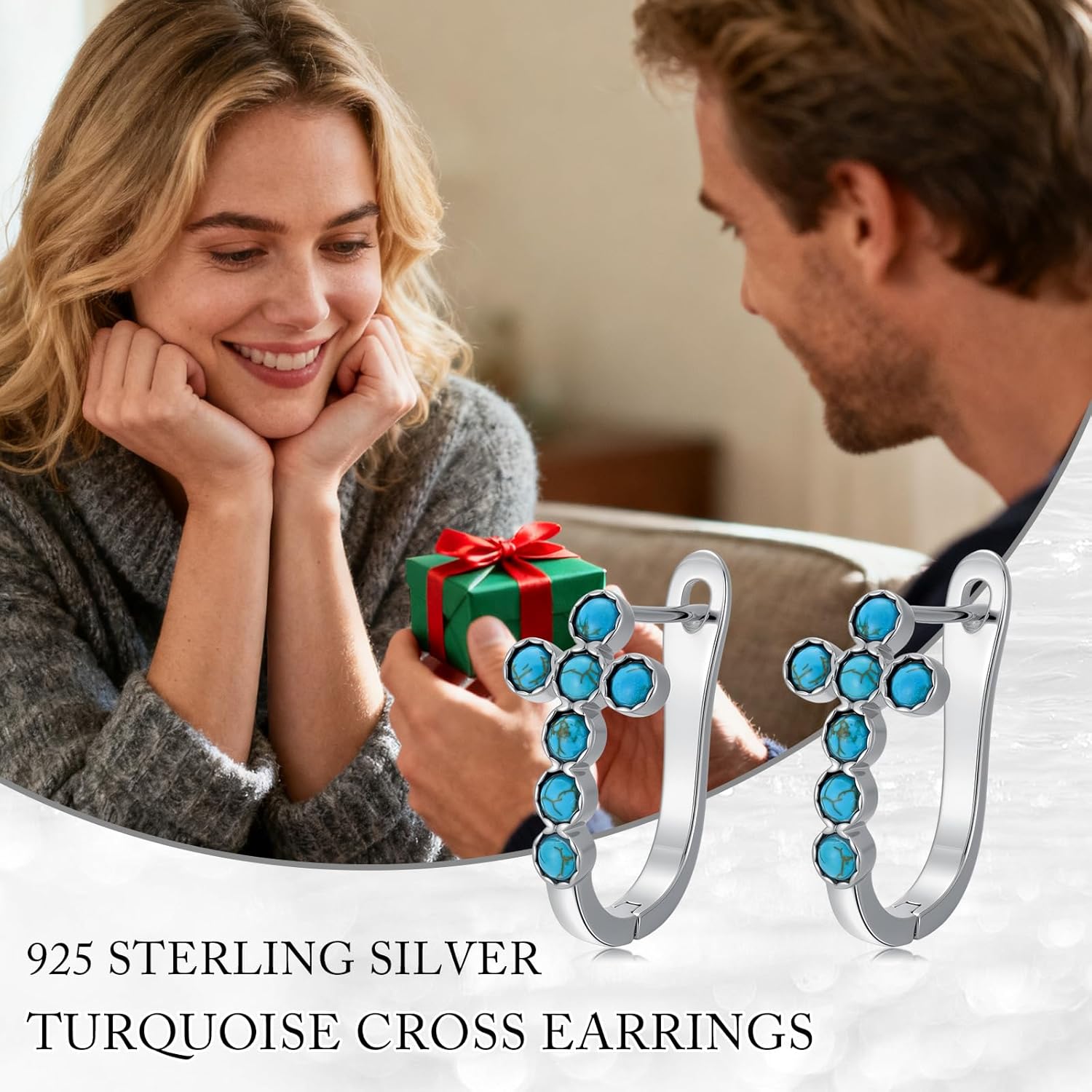 Natural Turquoise Cross Earrings 925 Sterling Silver Turquoise Cross Hoop Earrings Jewelry Gifts for Women Mom Wife - Image 7