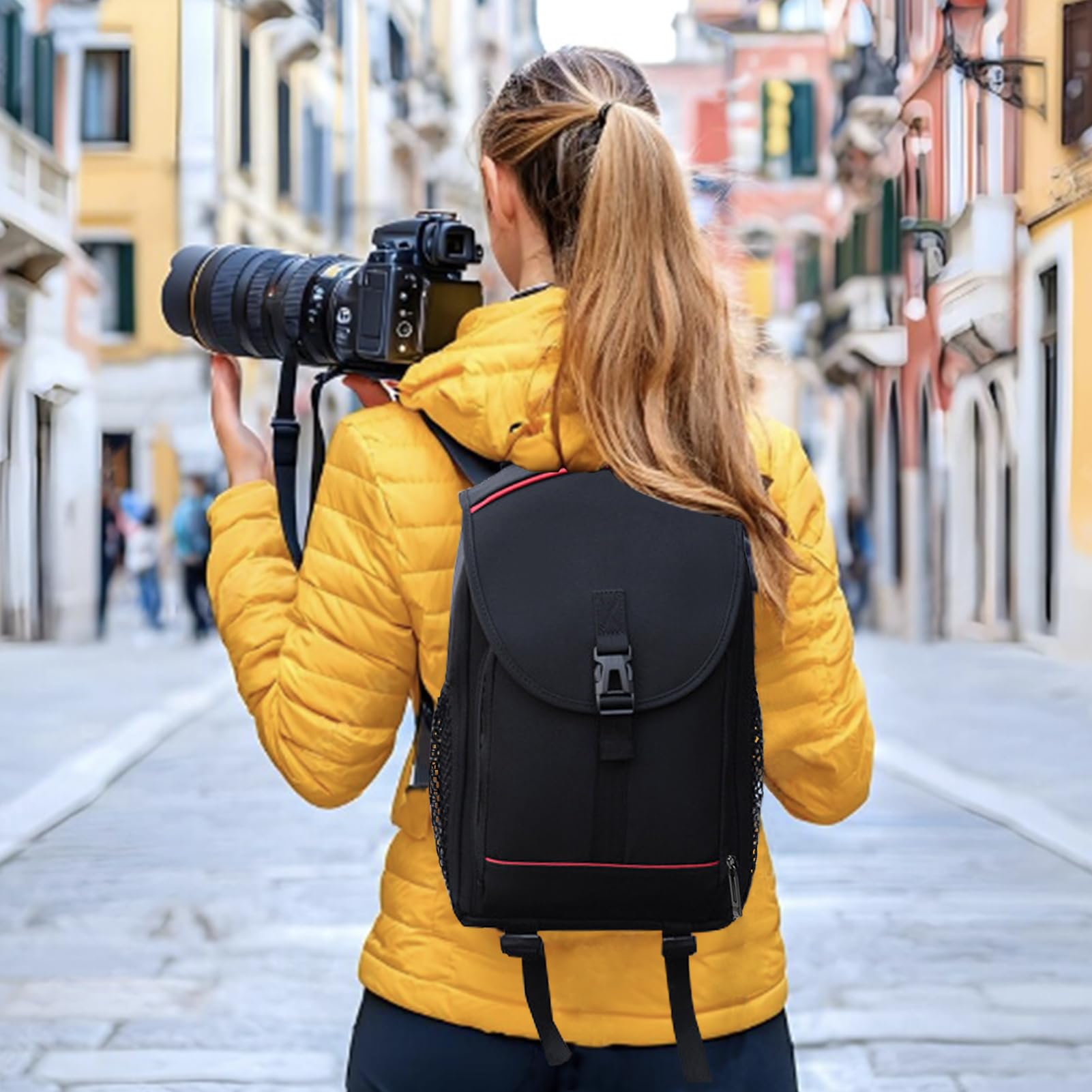Kamerarucksack Klein, Fotorucksack für DSLR, SLR, Spiegelreflexkamera und spiegellose Kamera, Kamera Rucksack 35 x 25 x 18 cm mit schwarzer Regenhülle, Stativriemen unten, Schwarz