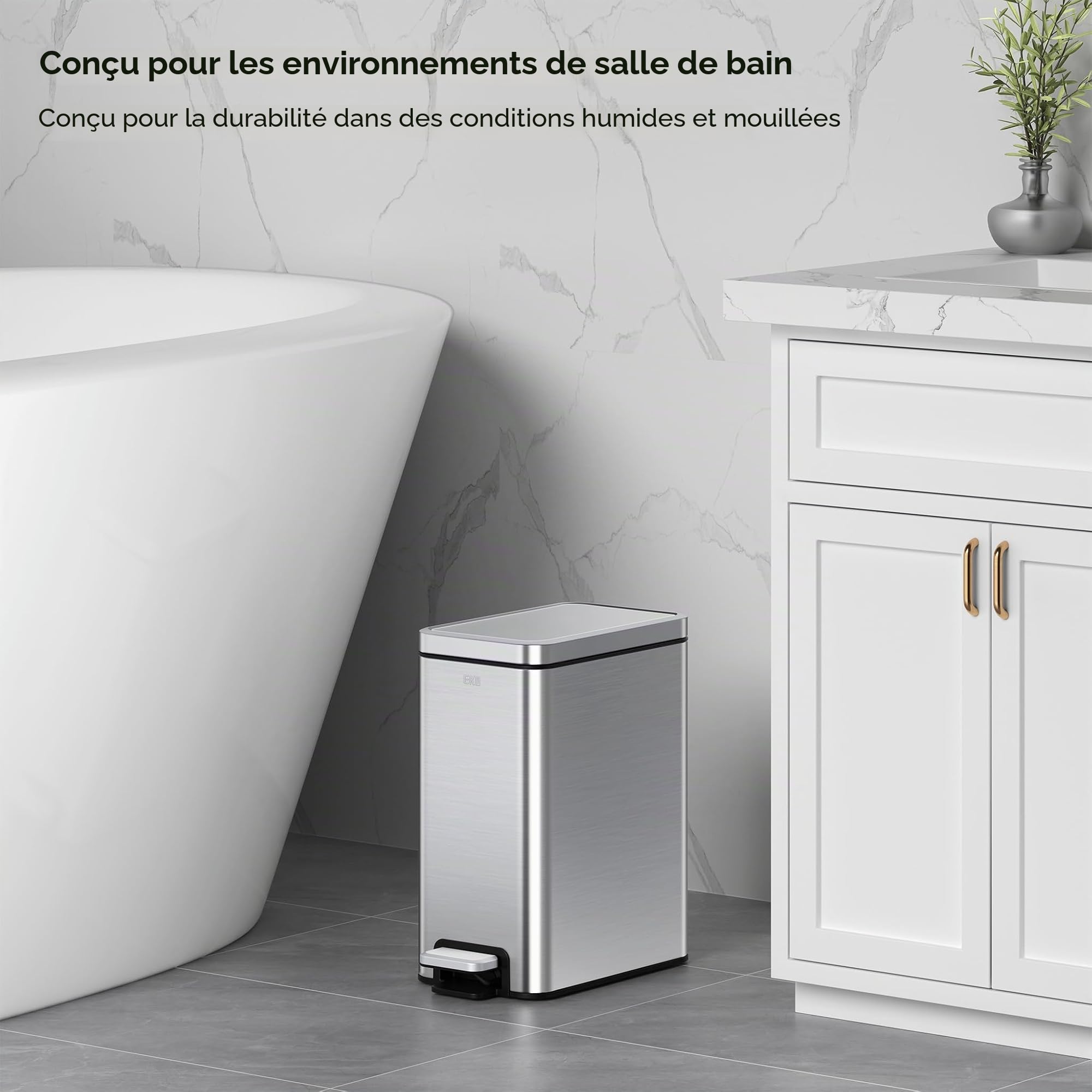 EKO Stella Poubelle fine à pédale en acier inoxydable résistant aux traces de doigts avec doublure intérieure amovible Argenté 10 l