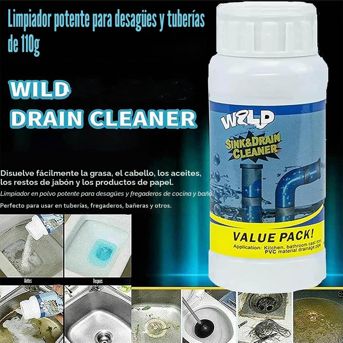 Powerful Sink & Drain Cleaner, Wild Sink & Drain Cleaner, Limpiador de Fregadero y Drenaje, Pipeline Dredging Agent, Limpiador Tuberias, Desatascador Fregadero Wild (3 Botella)