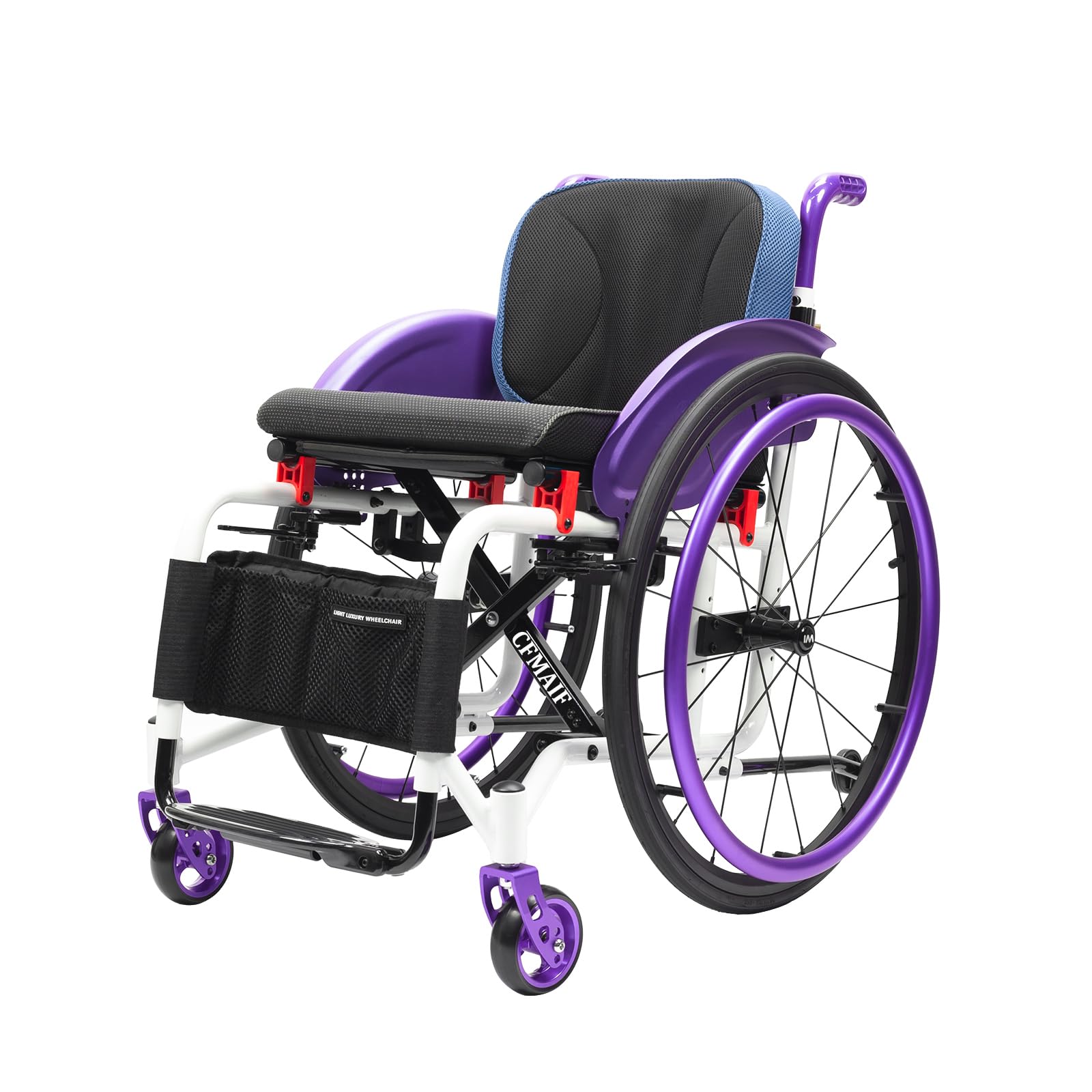 Przenośny samobieżny ręczny sportowy wózek inwalidzki, lekkie składane wózki inwalidzkie ze stopu aluminium dla dorosłych (rozmiar: 42 cm, kolor: fioletowy)