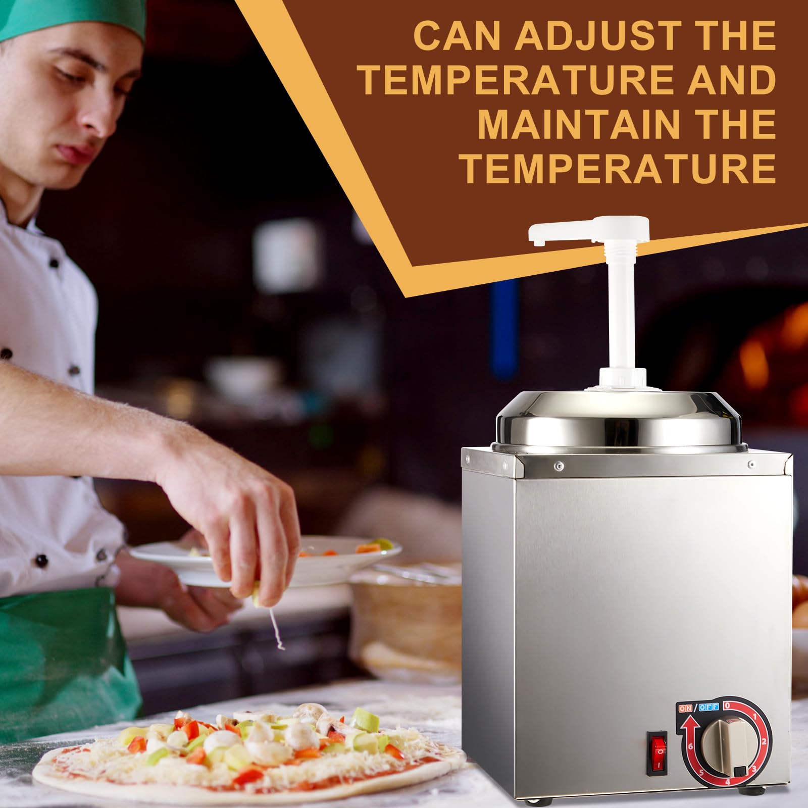 Dispensador de queso Nacho con bomba de 2 piezas, calentador de salsa de caramelo caliente de acero inoxidable de 2.64 cuartos de galón con control de temperatura de 6 niveles, máquina comercial