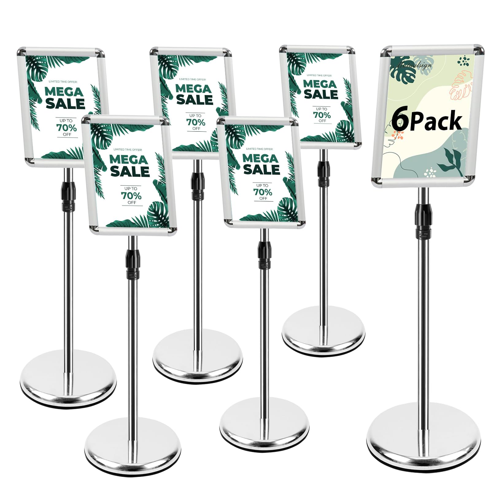 Mutualsign 6Pack A4 Stand Sign Holder Display Free Standing Signs Aluminium Floor Poster Stands, Angle & Height Adjustable A4 Sign Stand for Restaurant/Business/Meeting(Silver-6Pack) — image 1