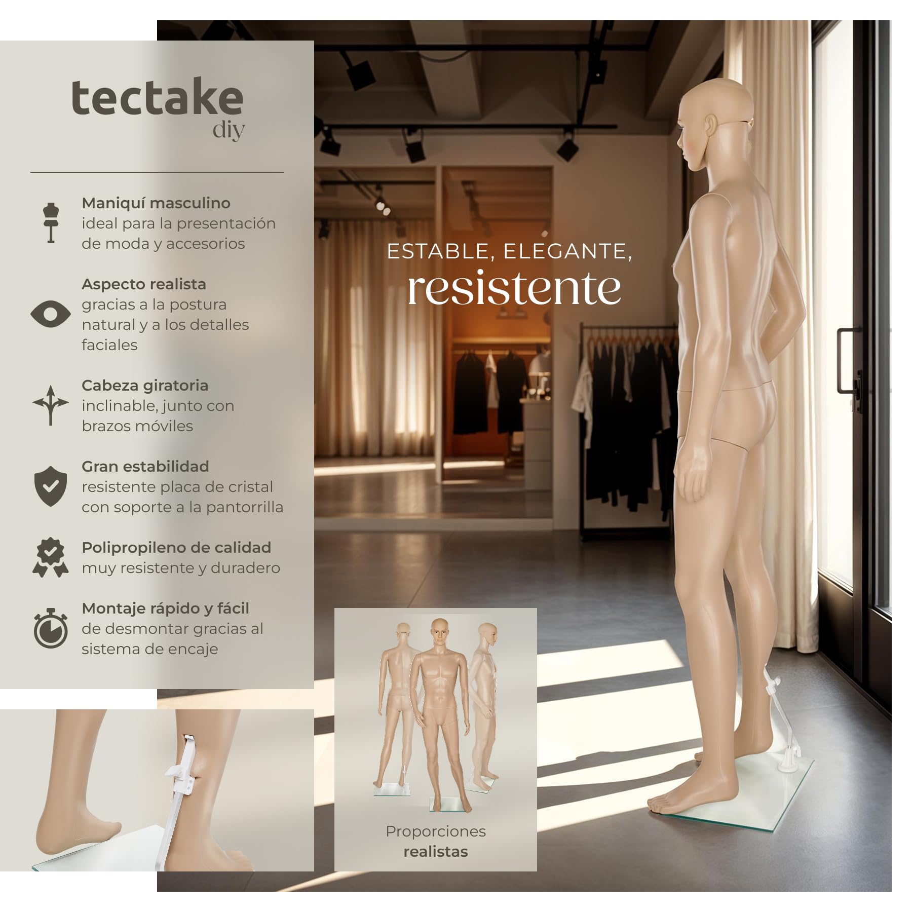 tectake® Maniquí, Giratorio y Móvil, Base de Cristal, Cabeza Reclinable, Brazos Móviles, Proporciones Reales, Robusto, Peso Ligero, Maniqui Regulable, Busto Maniqui - Hombre