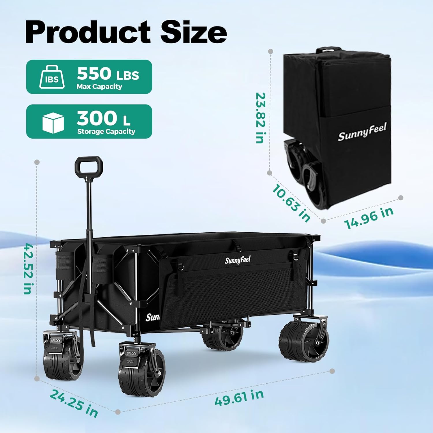 SUNNYFEEL 49" L Foldable Wagon Cart with Big Wheels - 550lbs Heavy Duty Extra Long Collapsible Shopping Cart - Utility Grocery Wagon for Garden Sports Camping Outdoor Activities (Black)