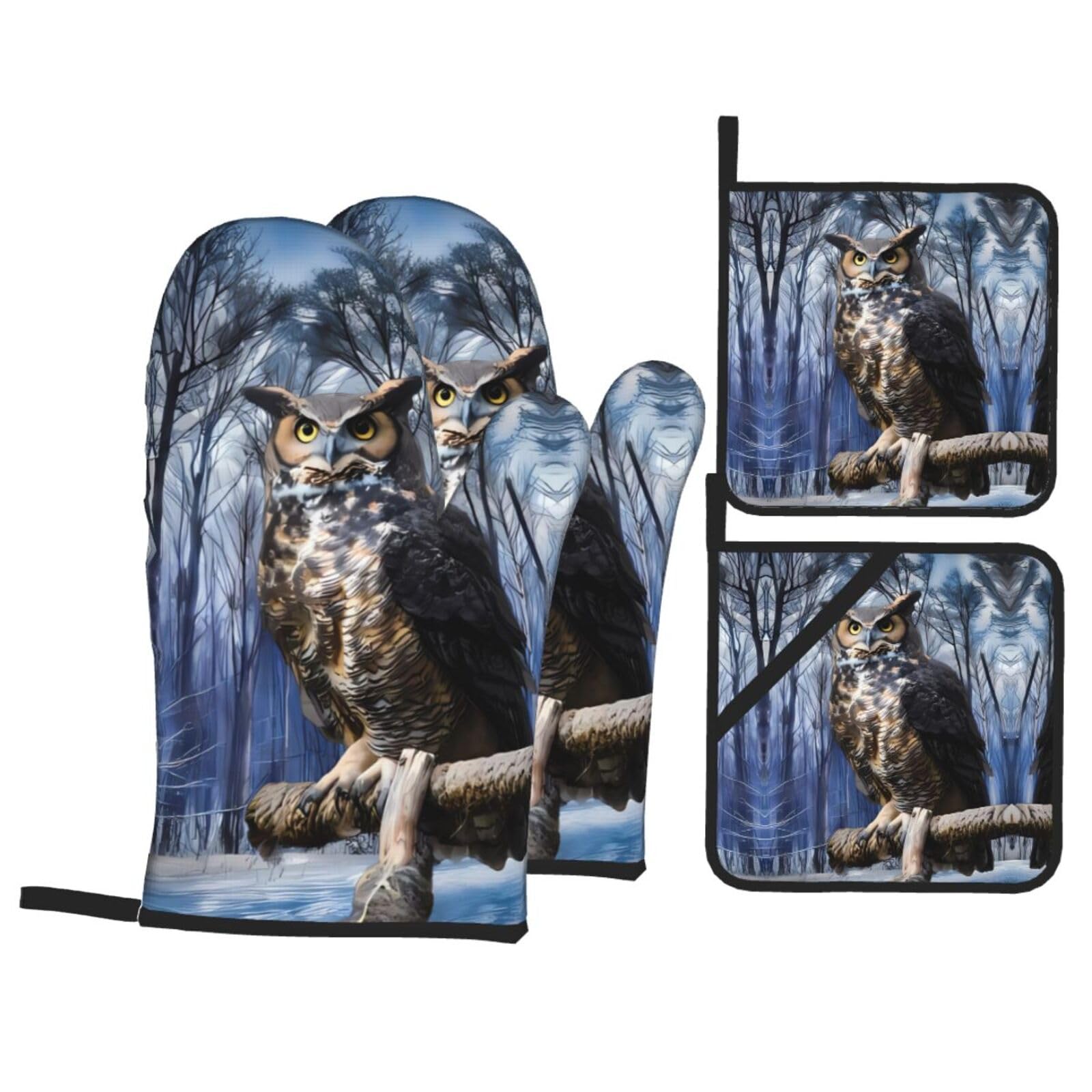 YYHHAOFA Owl Sitting Tree Fence Prints Kitchen Baking Set with Heat Resistant Pot Holders & Oven Mitts - Waterproof Layers for Cooking, Grilling & Serving, Includes Pocket Layer