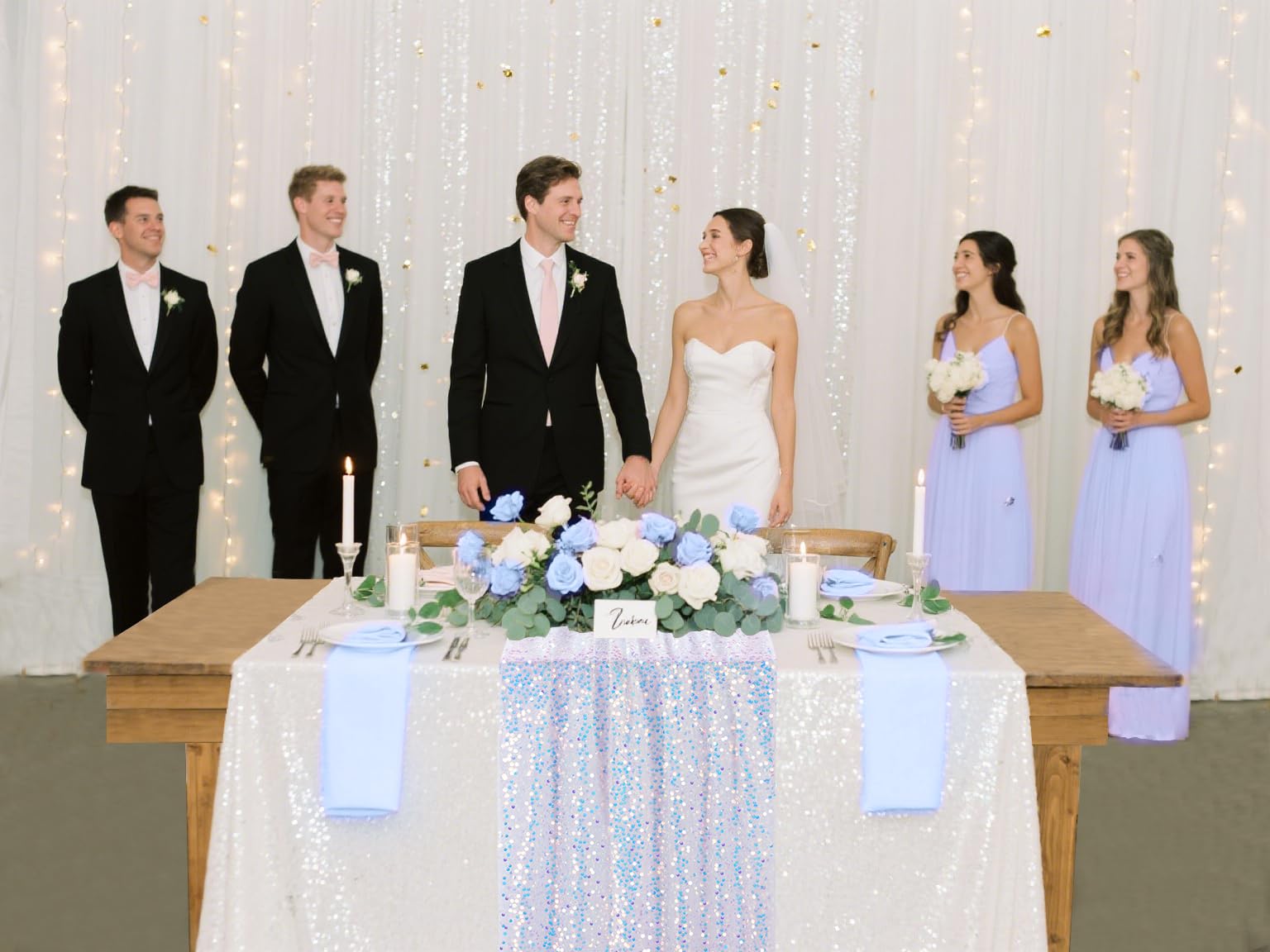 4er Set Elegante Tischläufer Schillernd Weiße Pailletten Tischband – 63 x 300 cm für Outdoor Hochzeitstisch Taufefeier Festliche Meerjungfrau Party Tischdeko (4 Stück)