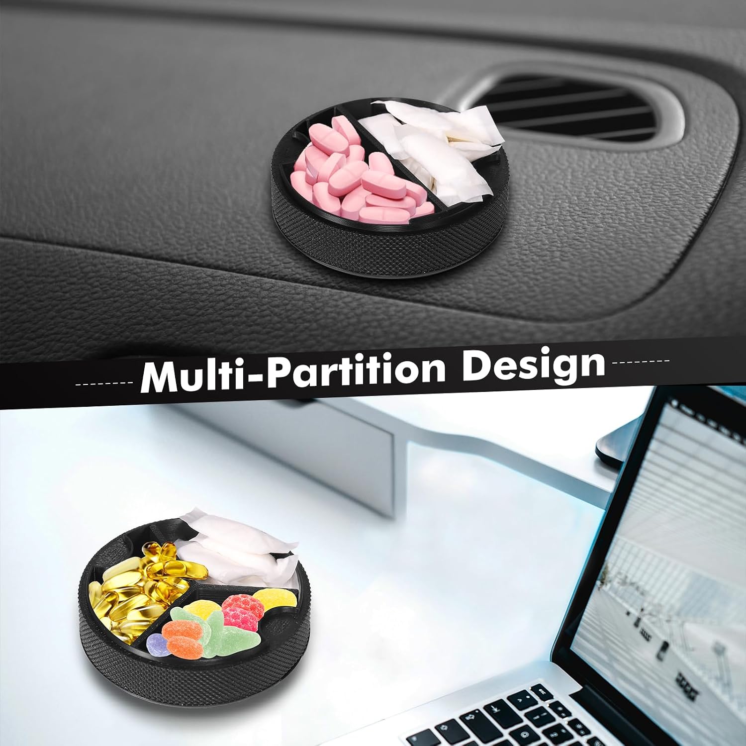 Pouch Container with Divider and Magnetic Lid, Plastic Pouch Holder & Can Compatible with ZYN/NZE/Alpha, Lightweight Pill Box, Comes with Sun Visor Clip (Magnetic Lid-Carbon Style)