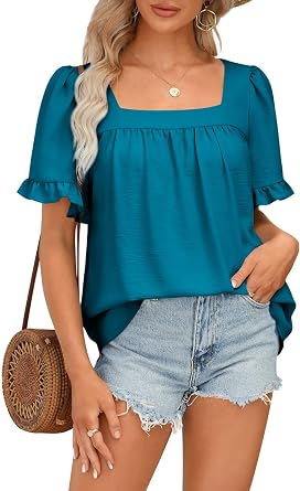 BZB Womens Summer Peplum Tops Sqaure Neck Ruffle Sleeve Blouses Fit Flowy Shirts S-2XL