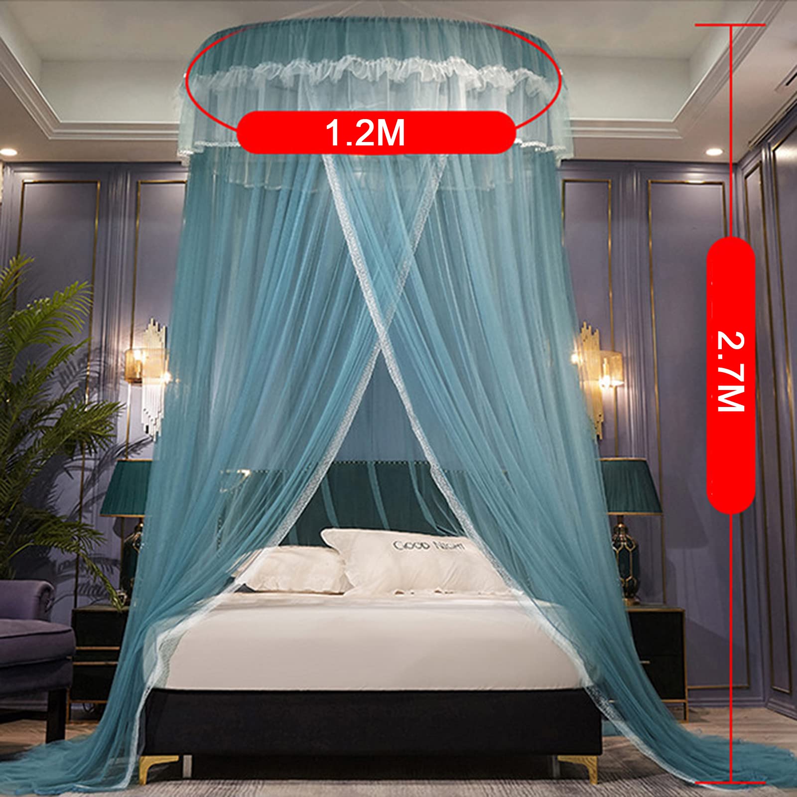 Moskitiera na łóżko, Elegancka kopułkowa siatka na łóżko, baldachim na łóżka pojedyncze i king size, do użytku domowego i podróżnego, łatwa w montażu, niebieska
