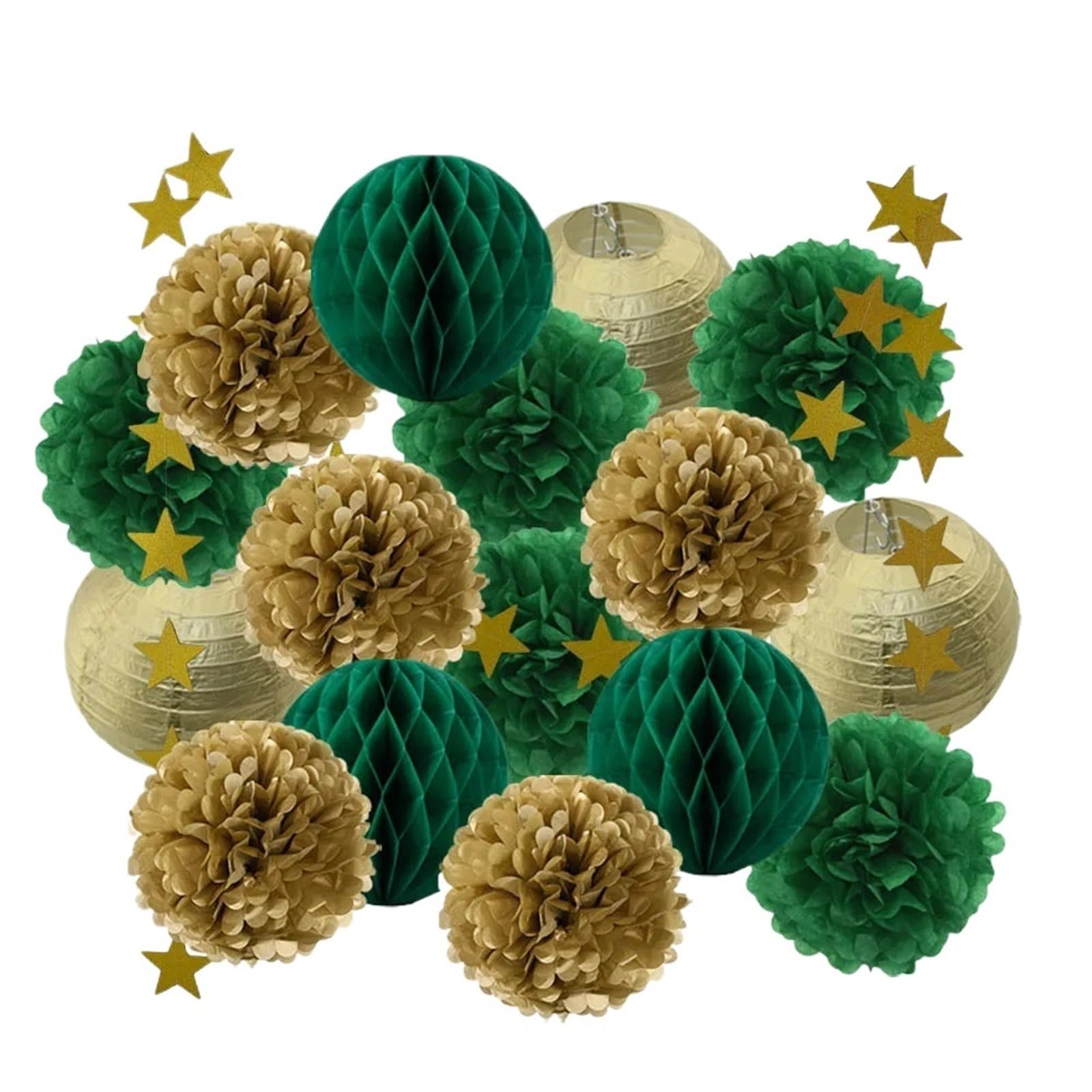 Paper Pom Poms Wedding Ceremony Events Decor Gold Paper Lanterns Honeycomb Red Tissue Pompom for Party Supplies(Gold Green)