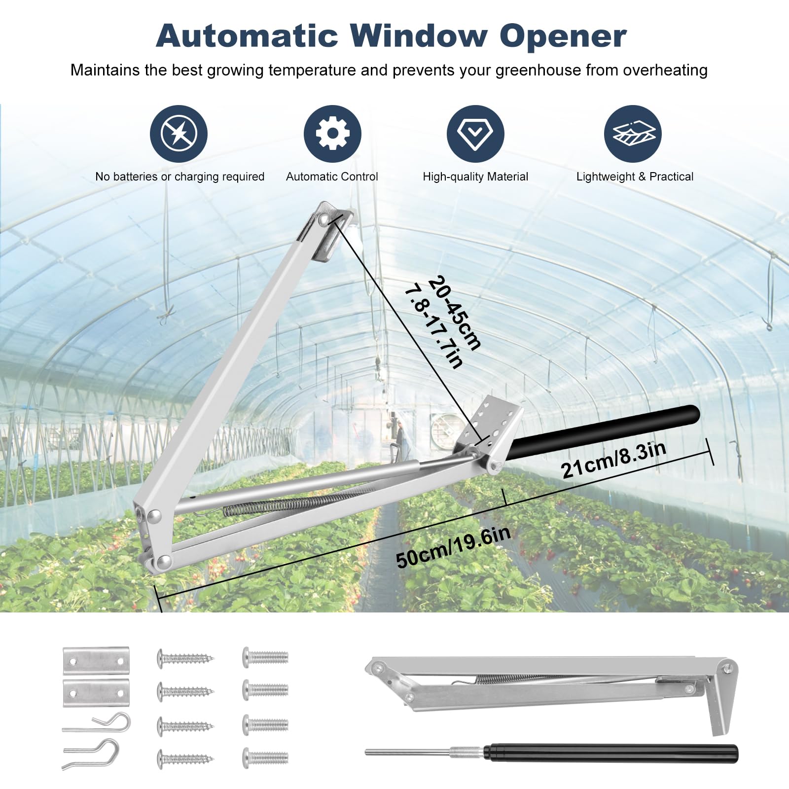 Abridor Automático de Ventanas para Invernadero (2 Unidades) - Control de Temperatura 15-30°C, 45cm Apertura Máxima, Resistente a la Corrosión para Ventanas de Aluminio/Madera