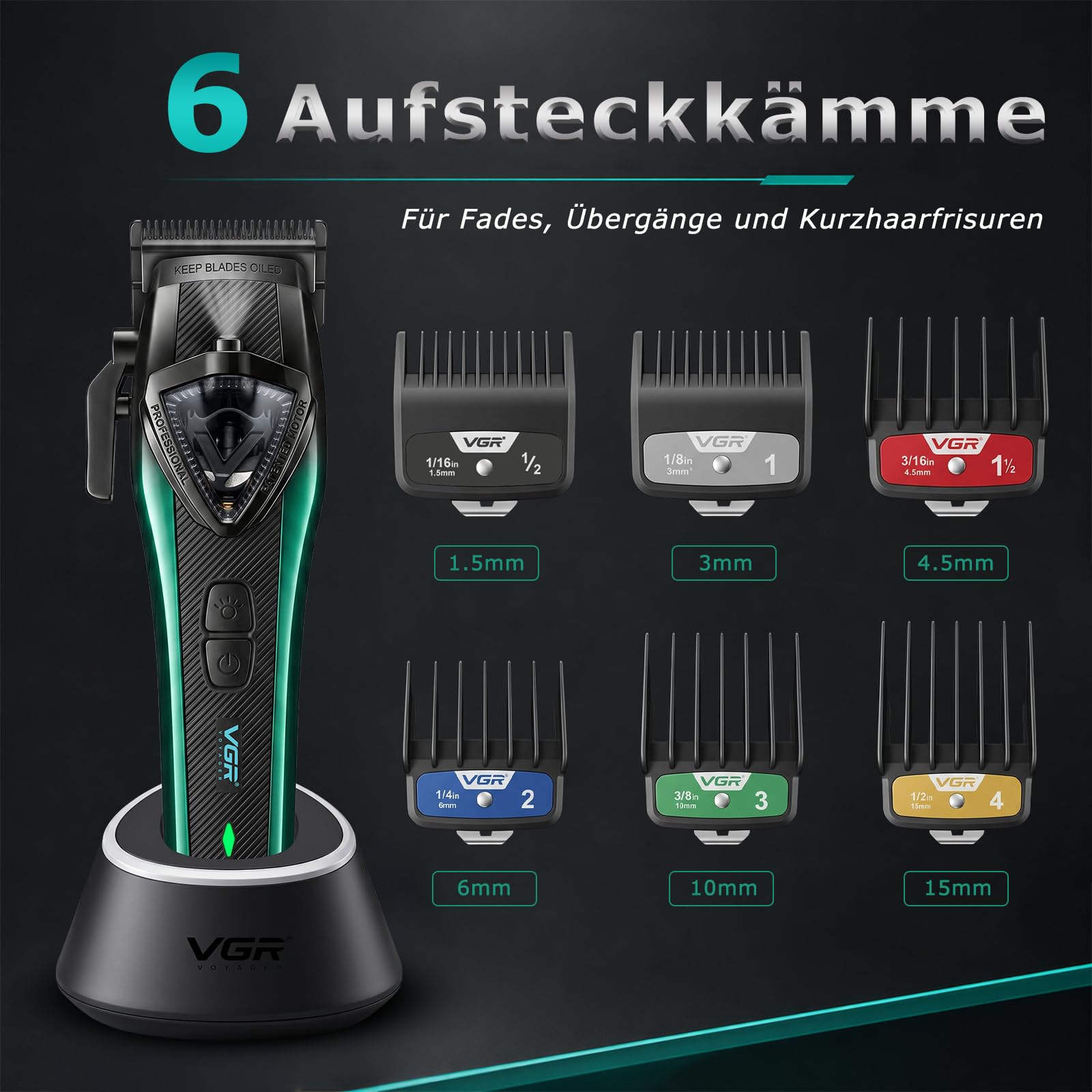VGR 883S2 Professionelles 2 In 1 Haarschneider Set Für Herren Mit Vector | Haarschneidemaschine Und Detailtrimmer Akku Barber Maschine,1 Gold Modularer Deckel, DLC Klingen, Reisetasche