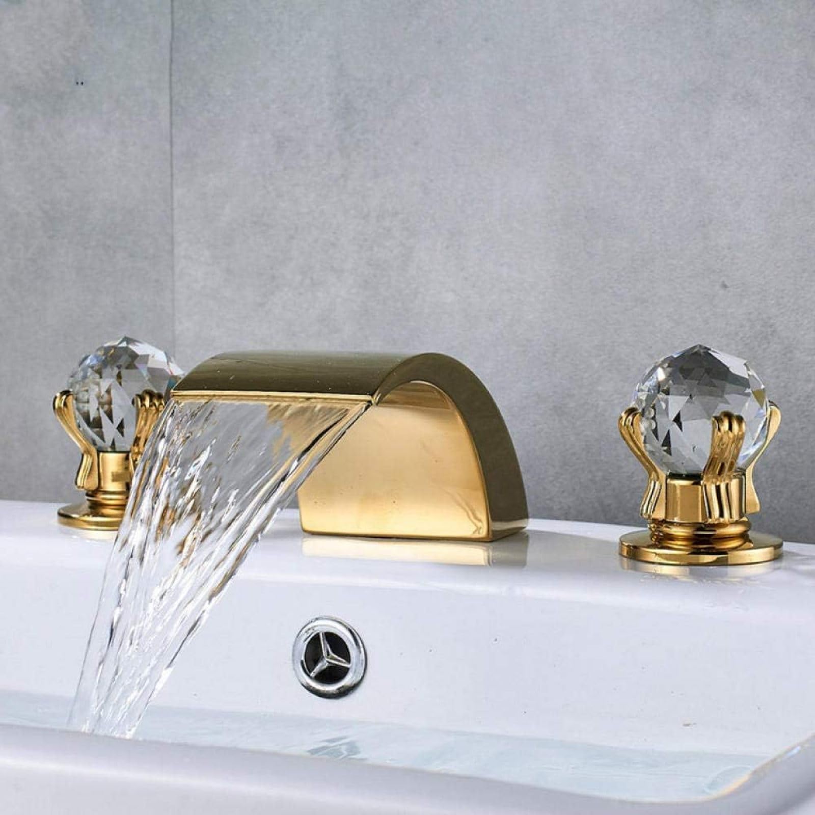 SBCGFY Crystal Handle Golden Waterfall Bathroom Faucet Deck Mount Widespread Bathroom Tub Sink Faucet Basin Mixer Tap Beauty Comes